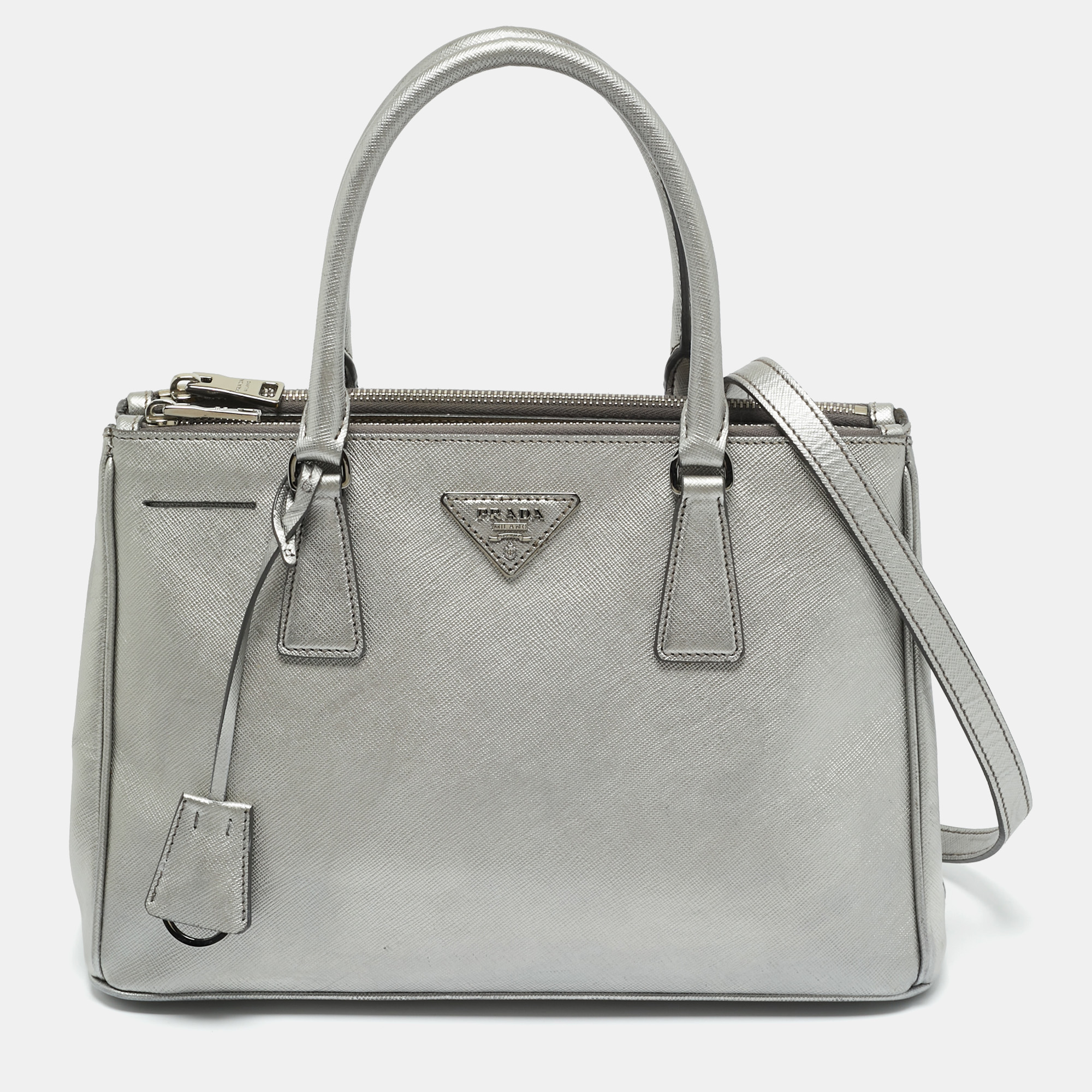 

Prada Metallic Grey Saffiano Lux Leather Small Galleria Double Zip Tote