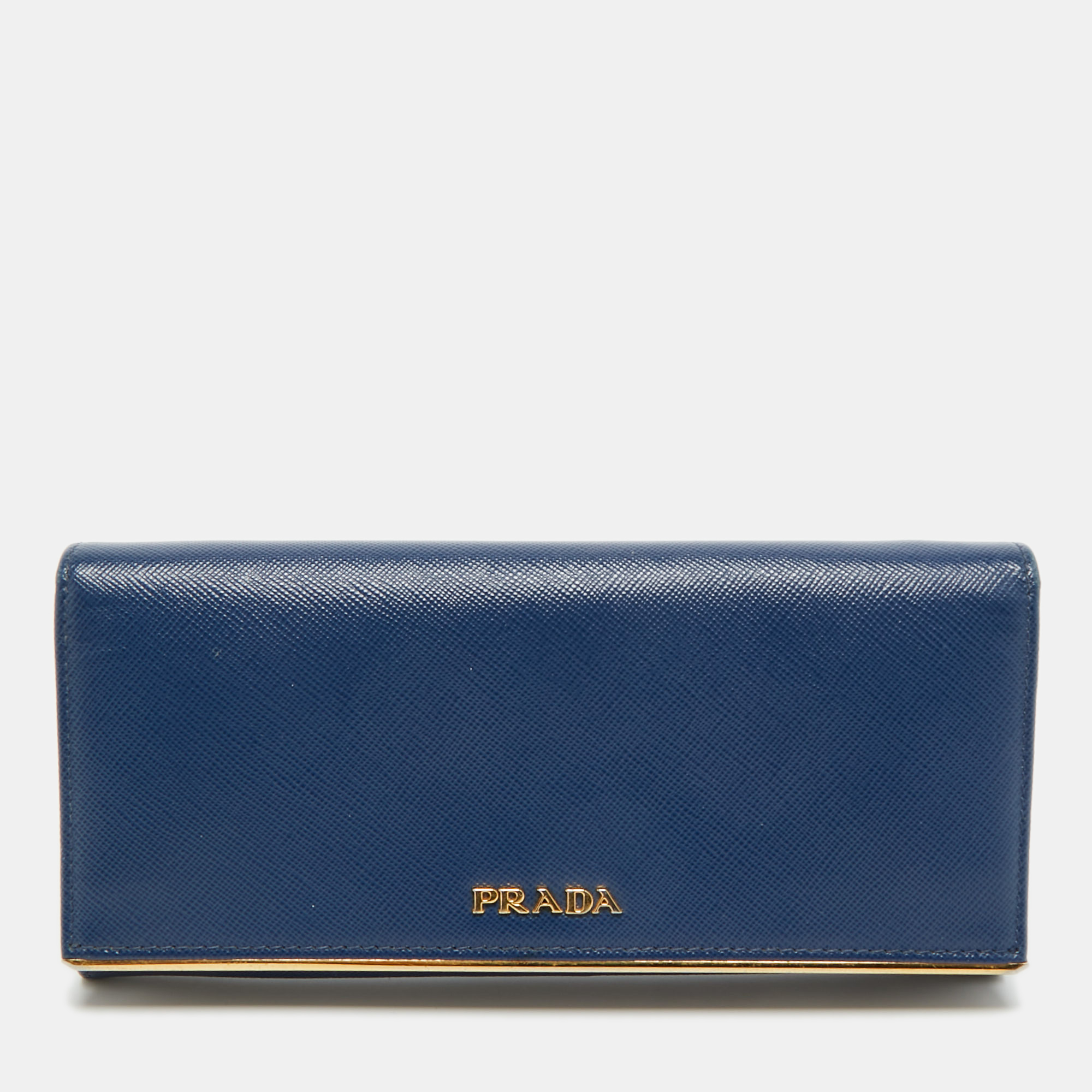 

Prada Blue Saffiano Leather Metal Bar Flap Continental Wallet