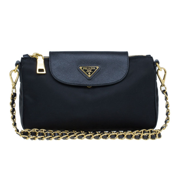 Pre Owned Prada Black Tessuto and Saffiano Leather Crossbody Bag