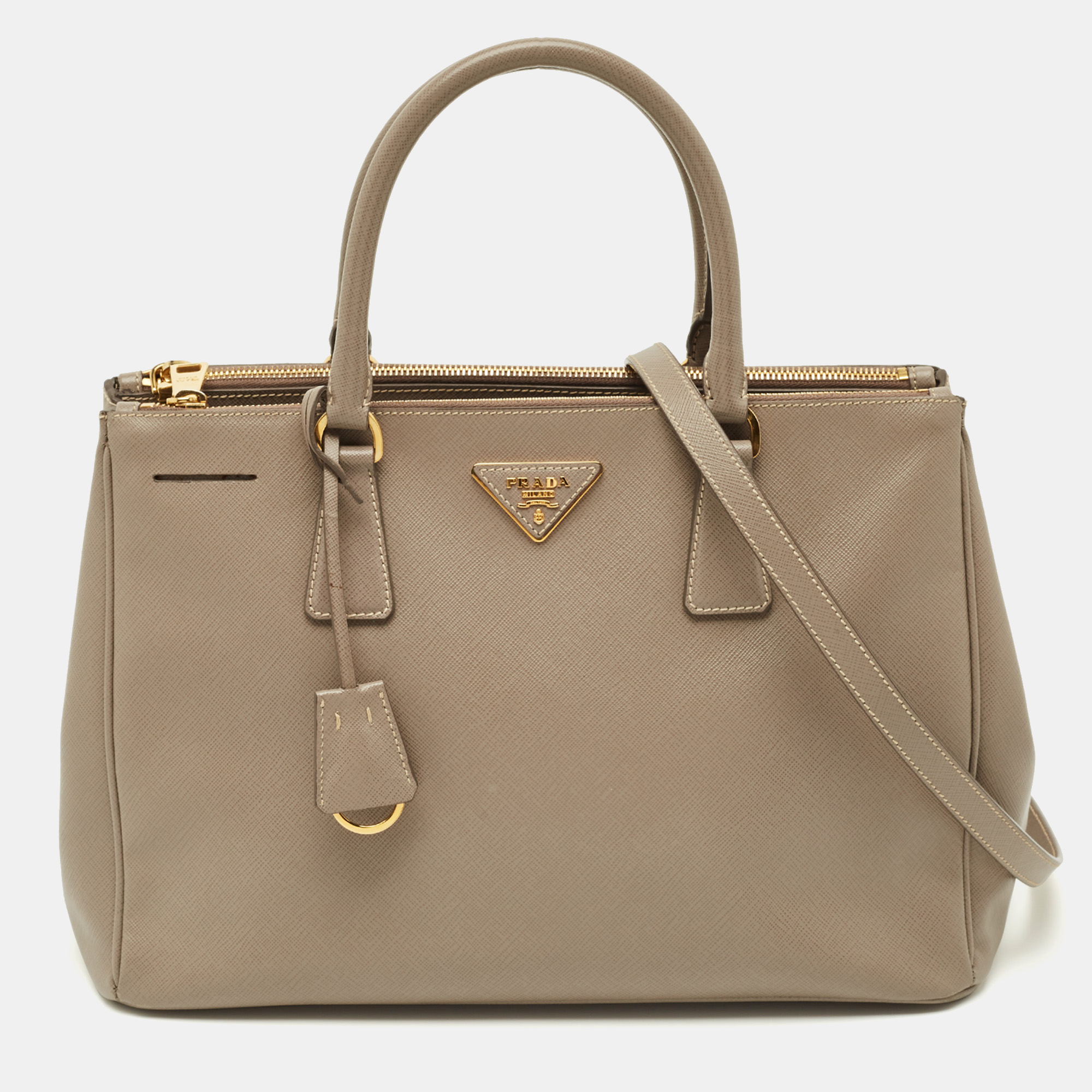 

Prada Grey Saffiano Leather  Galleria Double Zip Tote, Beige