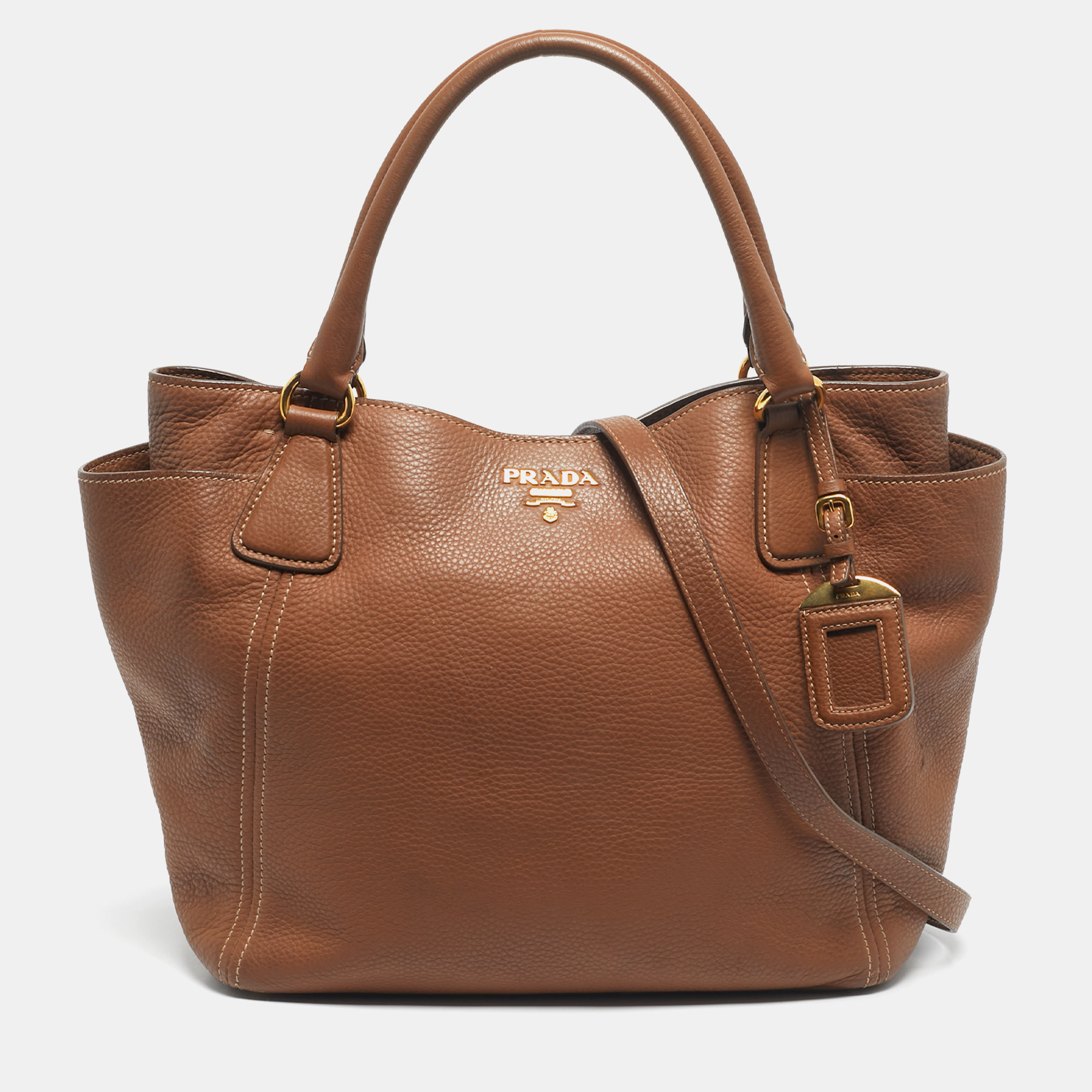 

Prada Brown Vitello Daino Leather Side Pocket Tote