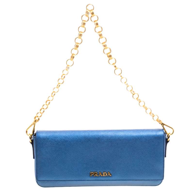 Pre Owned Prada Metallic Blue Saffiano Lux Leather Chain Shoulder Bag