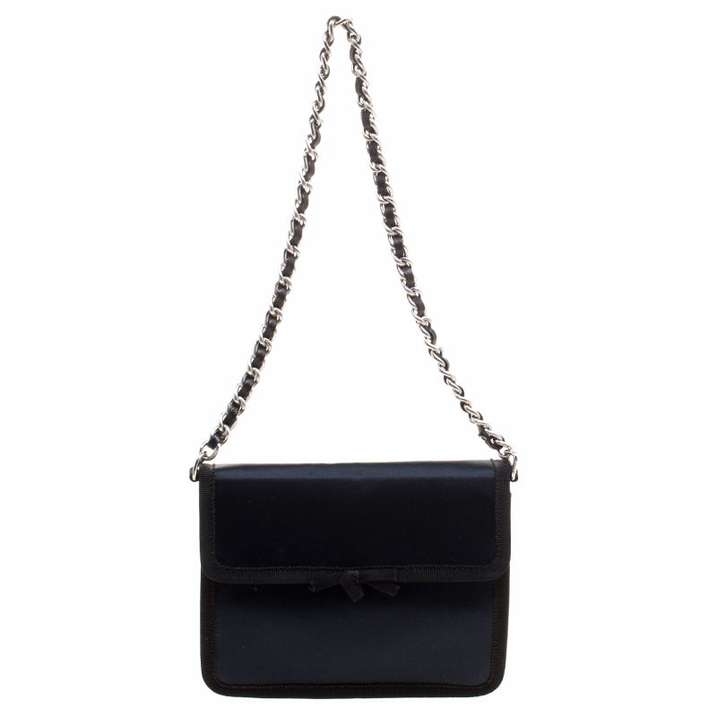 Pre Owned Prada Navy Blue Satin Chain Clutch