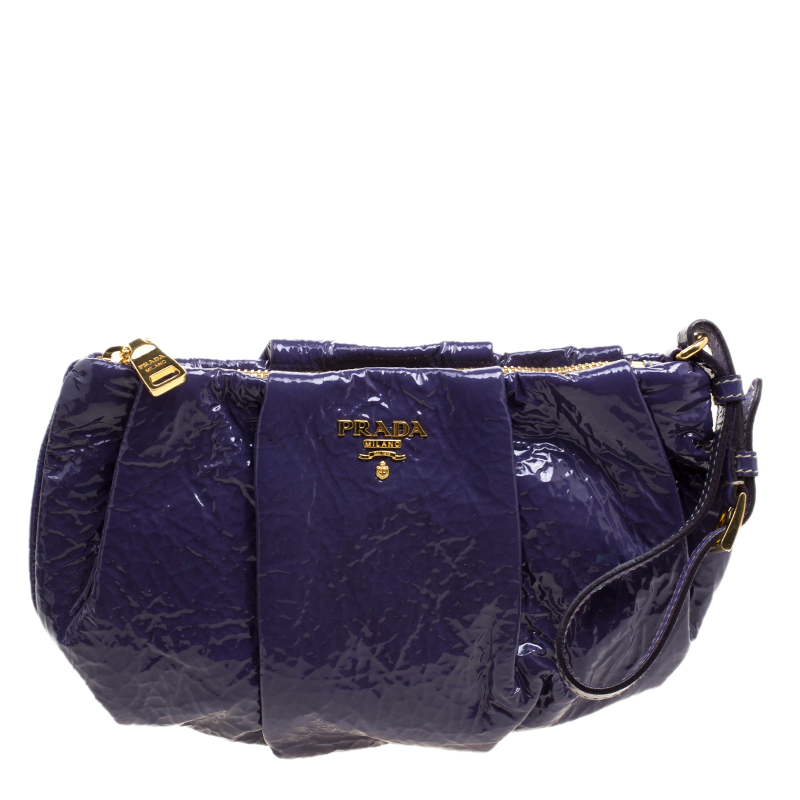 Pre Owned Prada Iris Naplak Patent Leather Pleated Wristlet Clutch