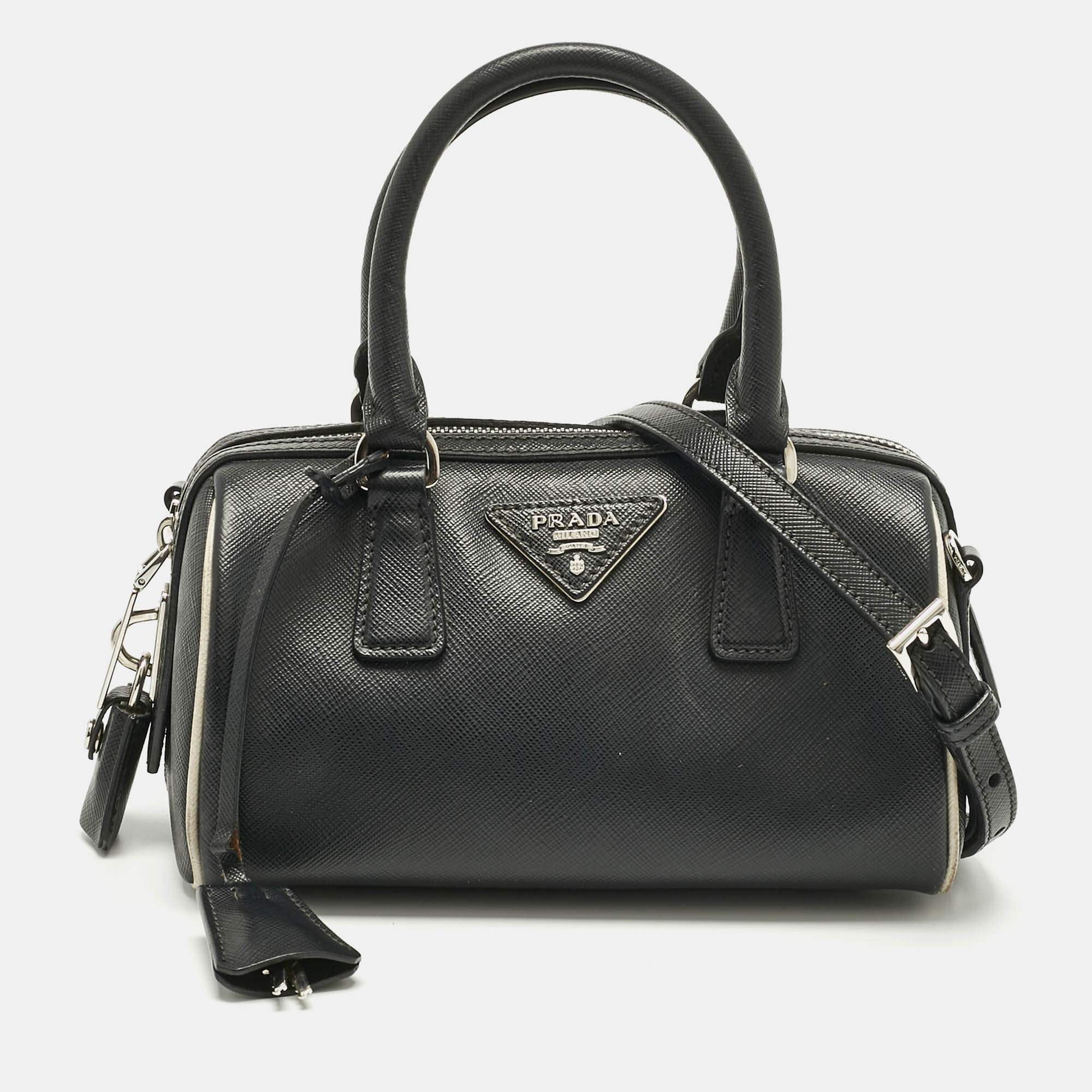 

Prada Black/White Saffiano Leather Mini Boston Bag