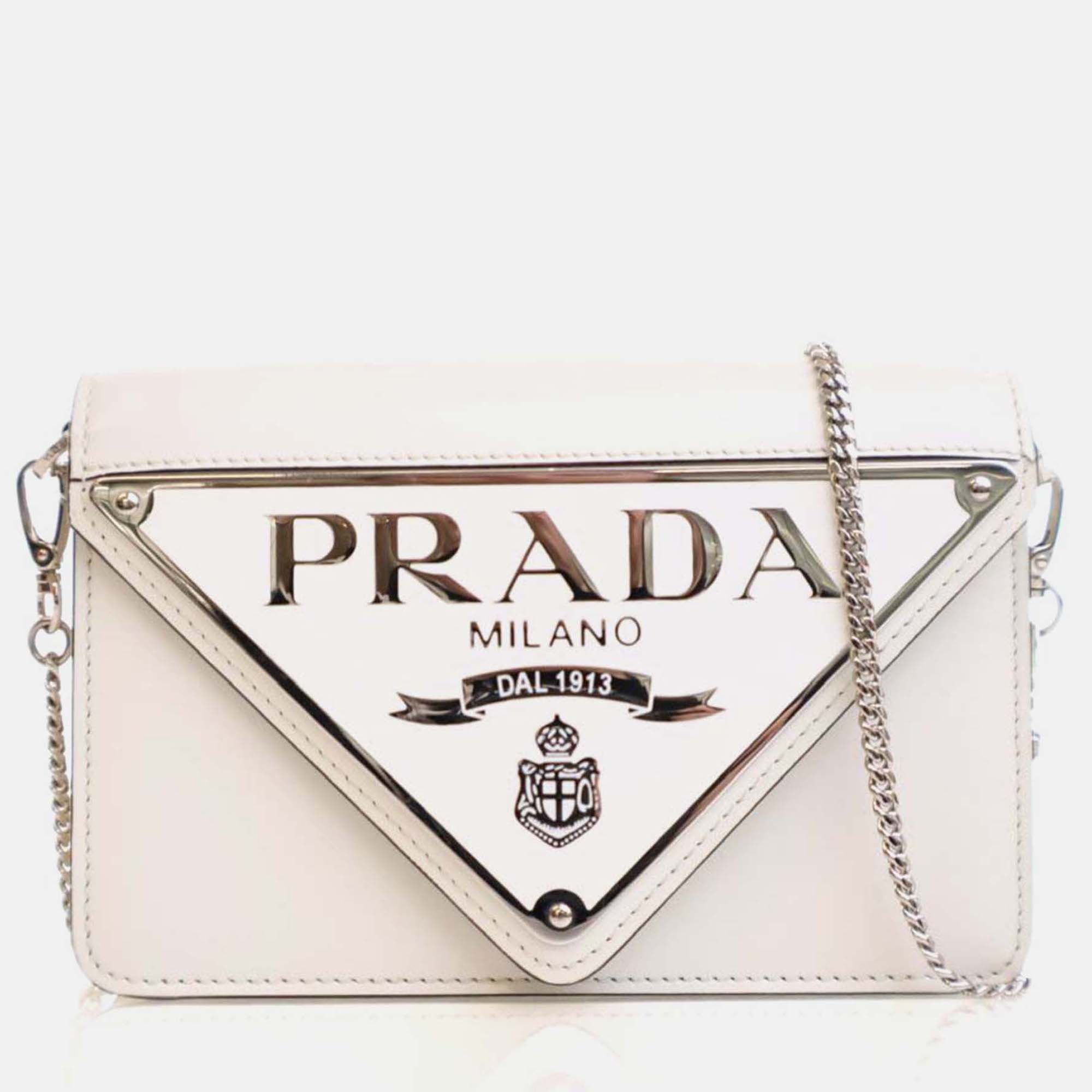 

Prada Mini Calfskin Triangle Crossbody Bag, White