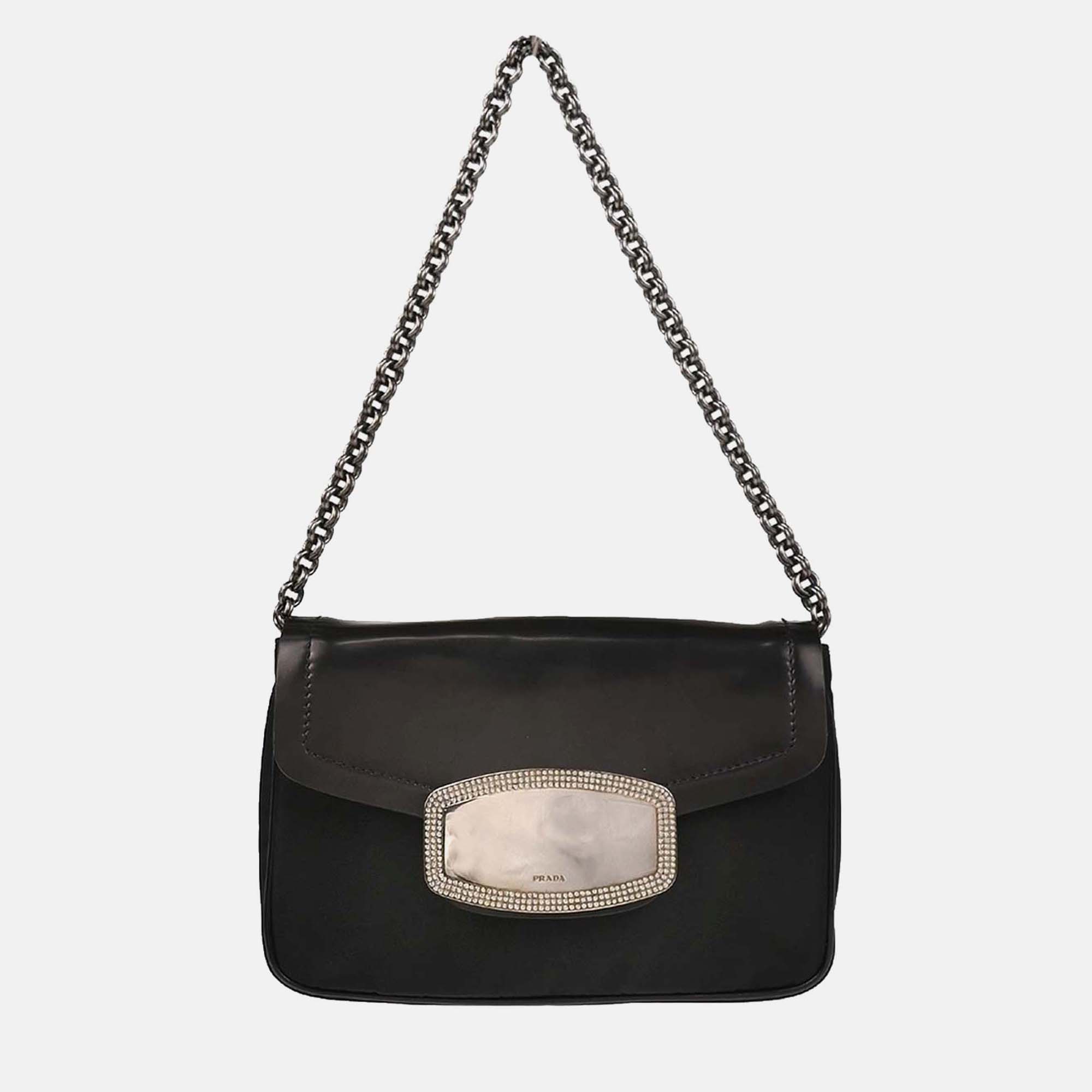 

Prada Black Nylon Leather Rhinestone Handbag