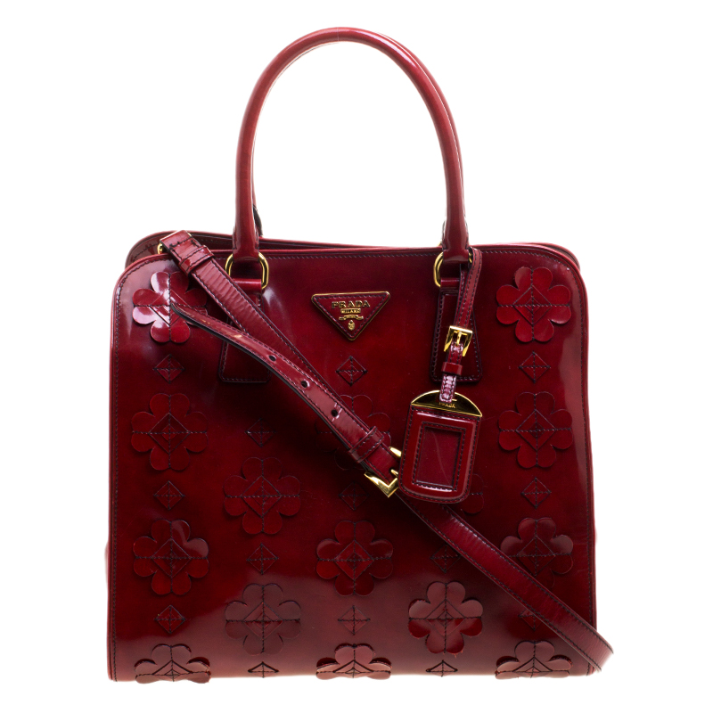 Pre Owned Prada Red Patent Leather Floral Framed Top Handle Bag