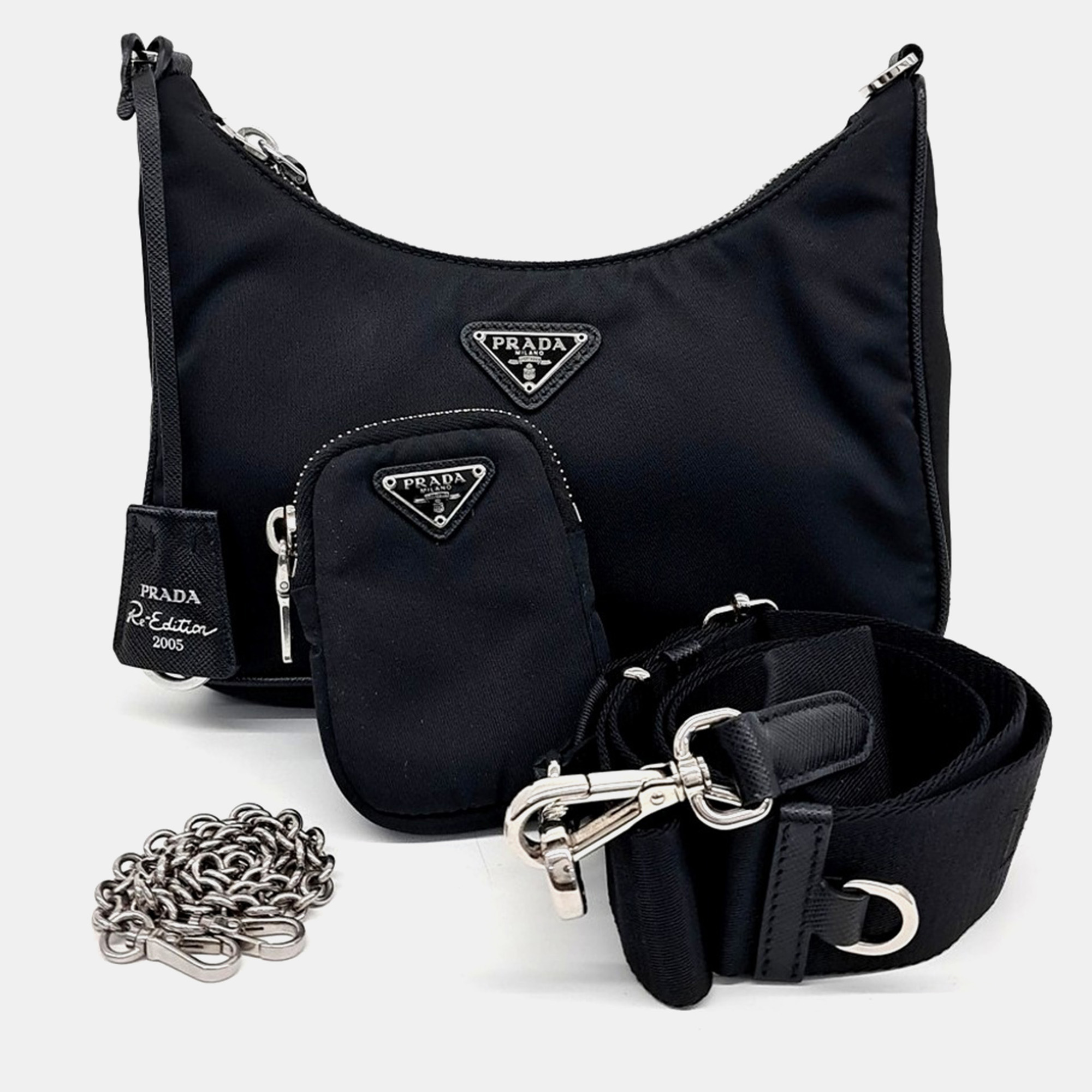 

Prada Re-Nylon Tessuto Chain Strap Hobo Bag, Black
