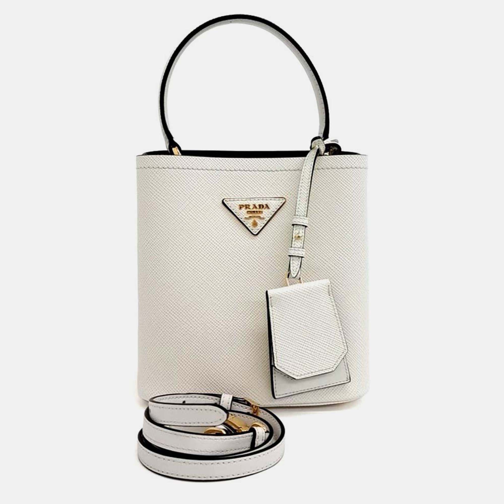 Prada White Saffiano Leather Pannier Tote and Shoulder Bag