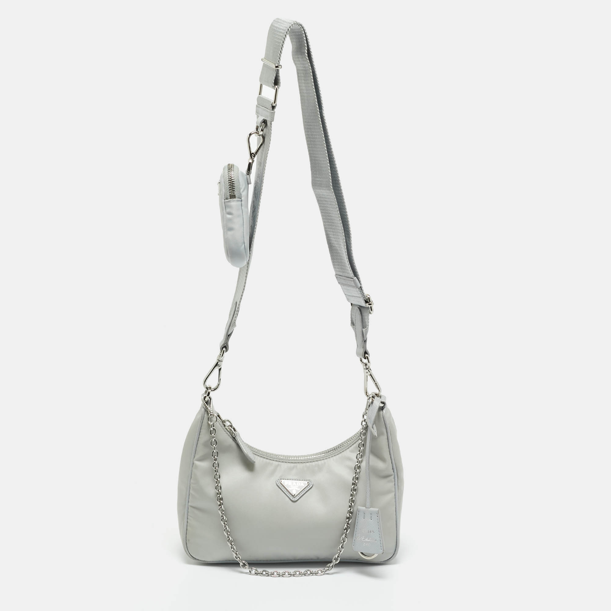 Pre-owned Prada Grey Re Nylon And Saffiano Leather Re-edition 2005 Shoulder Bag In Gray