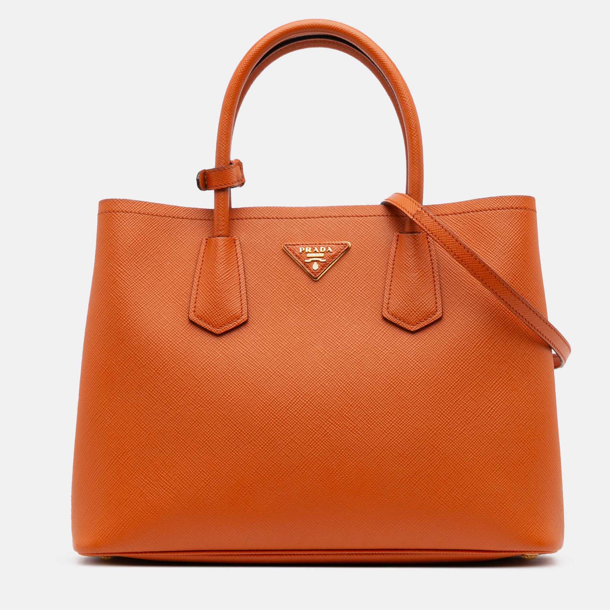 

Prada Orange Medium Saffiano Cuir Double Satchel