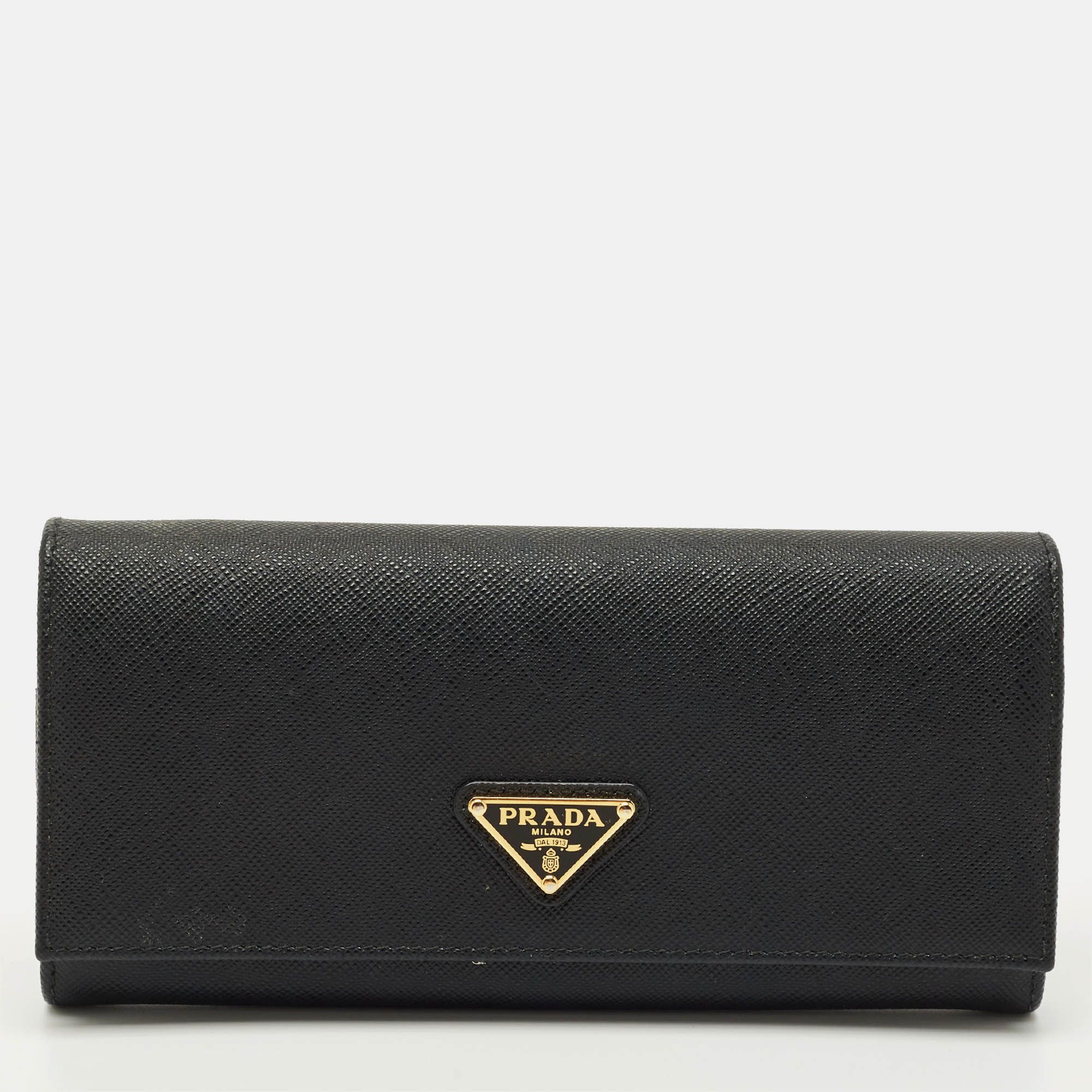 

Prada Black Saffiano Metal Leather Triangle Logo Flap Continental Wallet