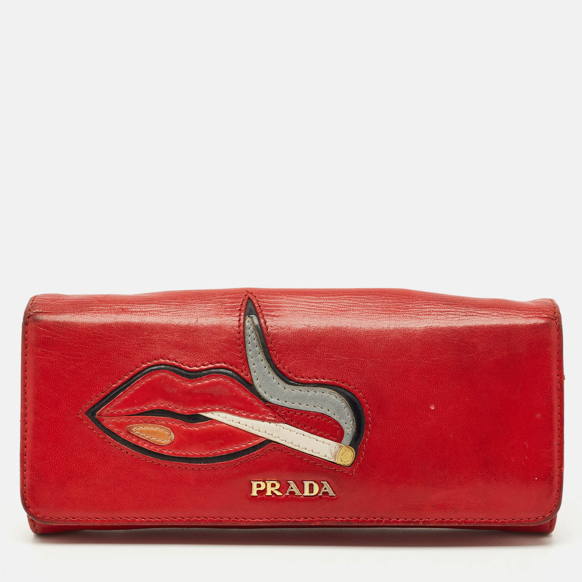 Pre-owned Prada Red Leather Cigarettes And Lips Continental Wallet