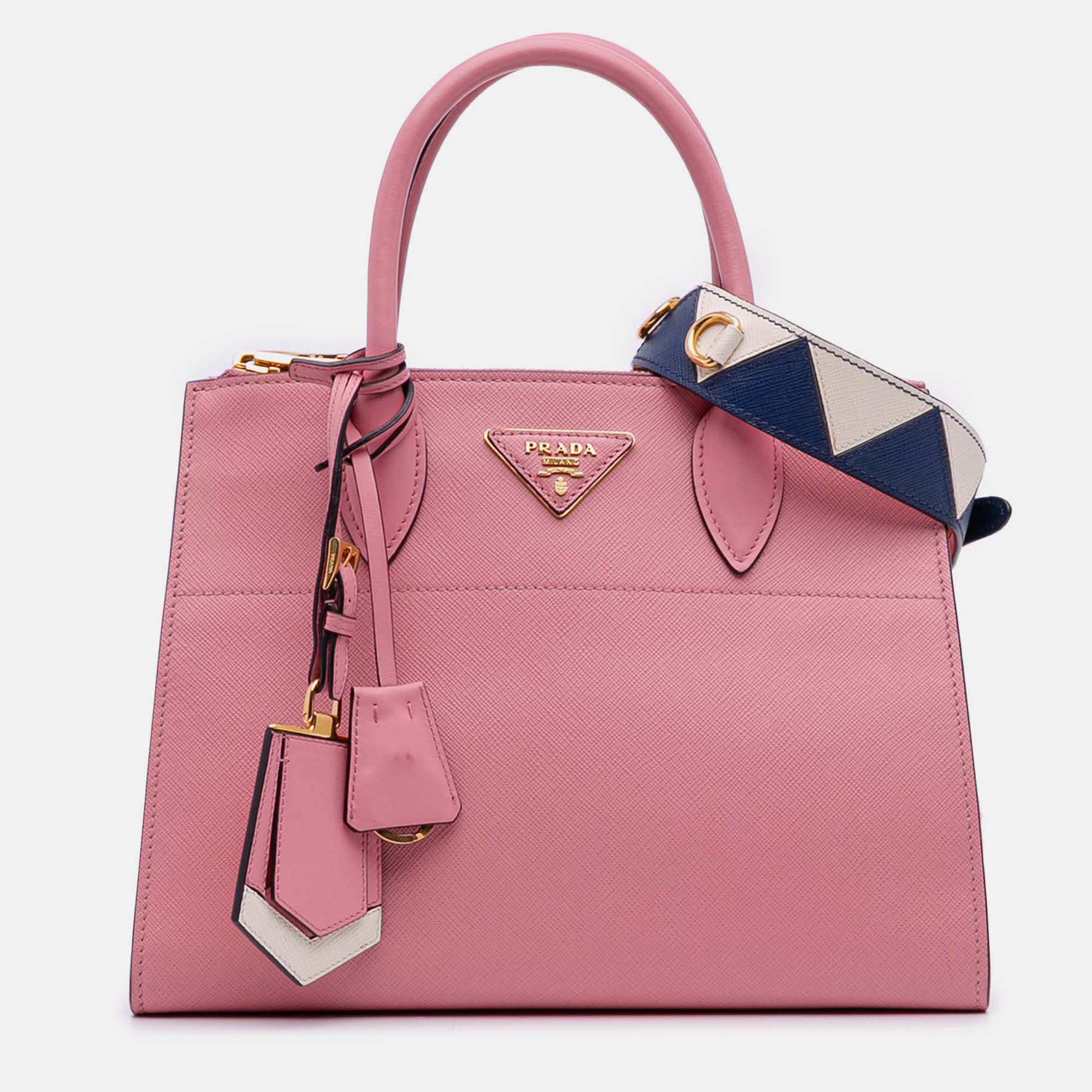 

Prada Pink City Calf Trimmed Saffiano Greche Paradigme Bag