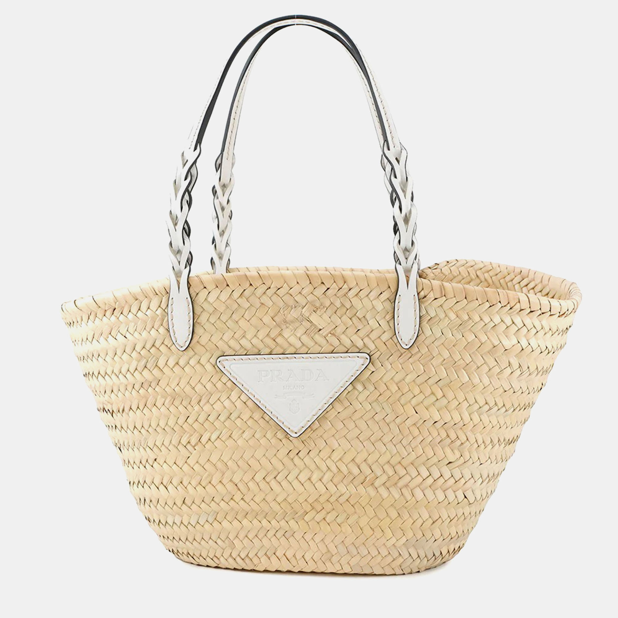 

Prada Woven Palm Triangle Logo Basket Bag Natural/White Straw Leather, Beige