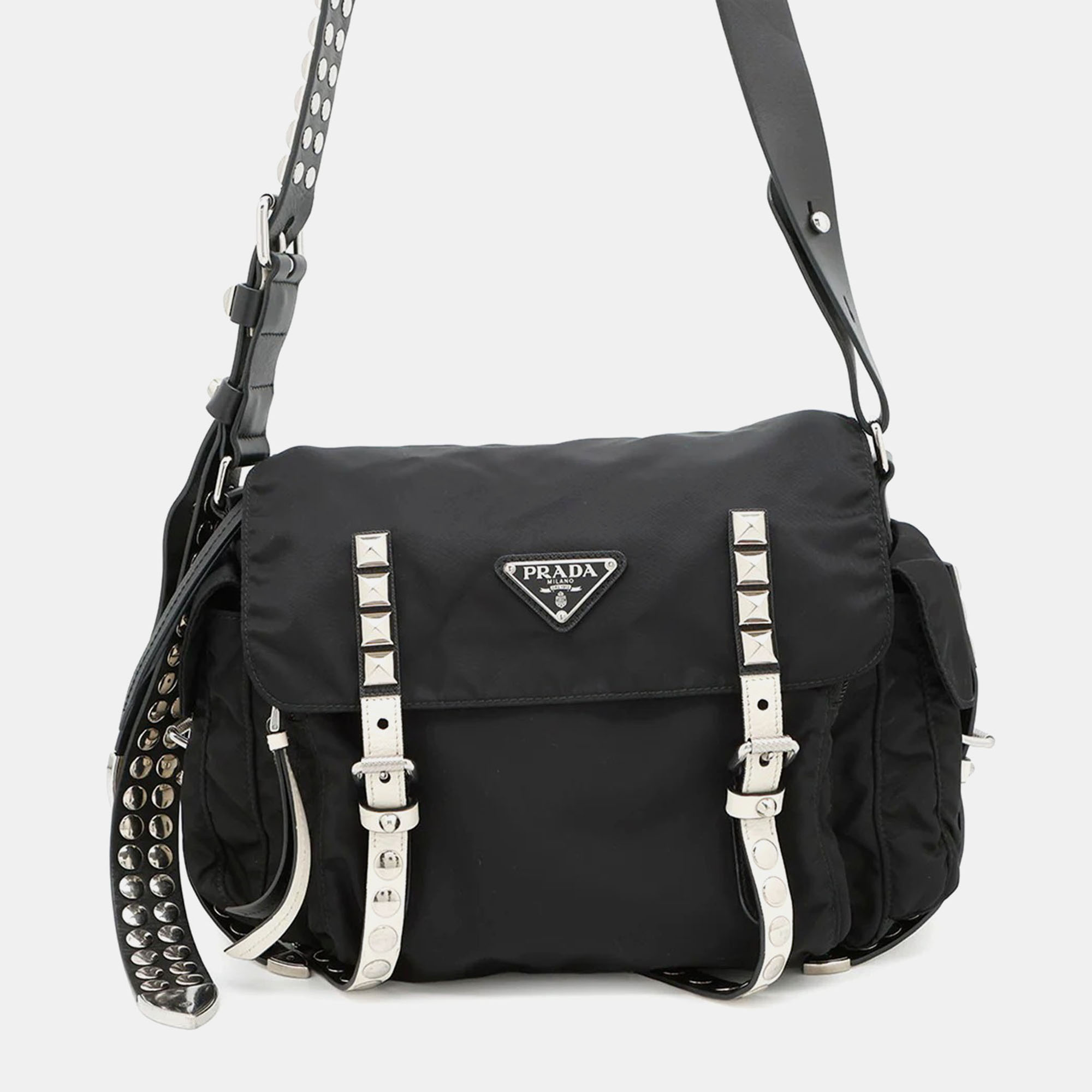 

Prada Studded Black White Nylon Leather Shoulder Bag