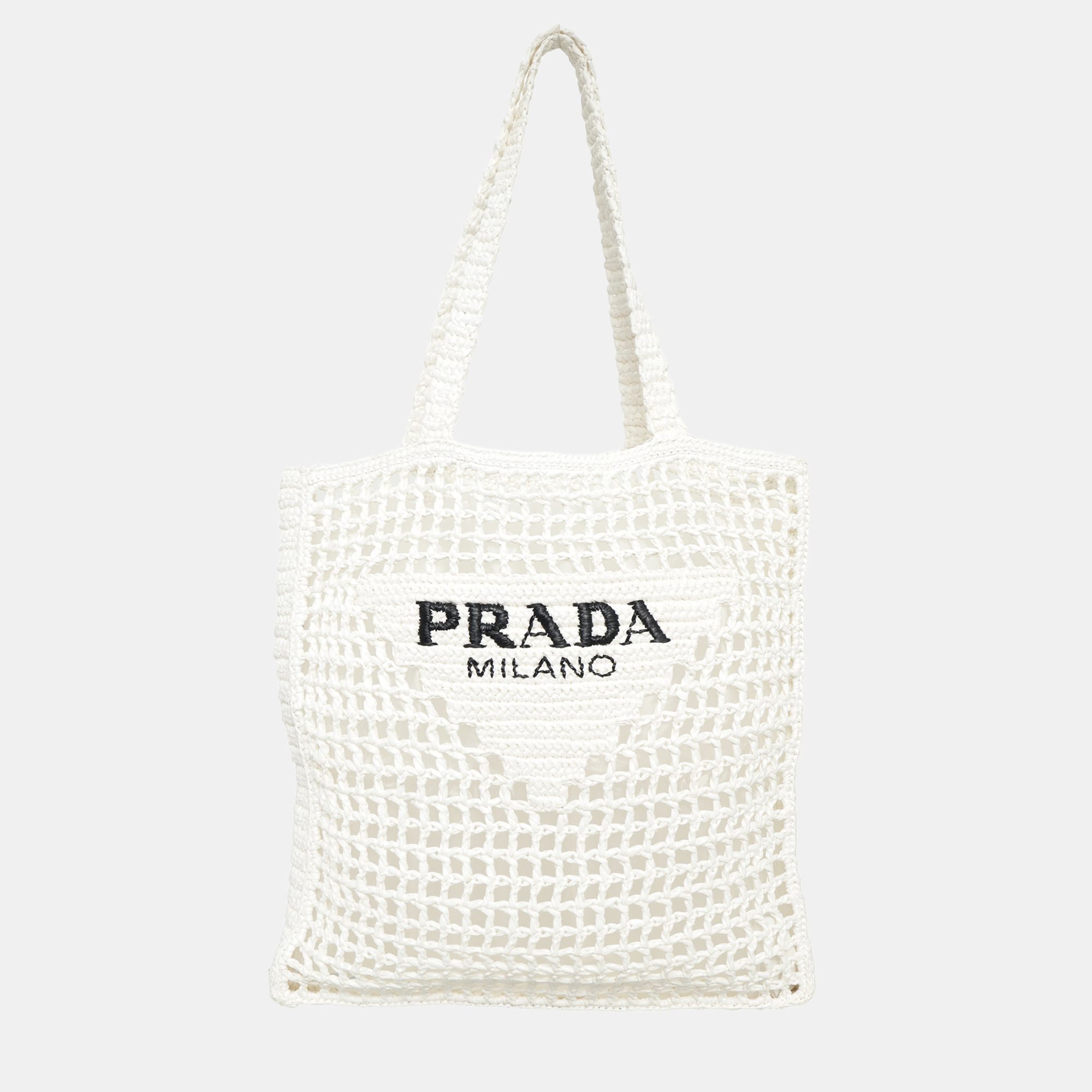 Pre-owned Prada Crochet Raffia Tote Bag In White