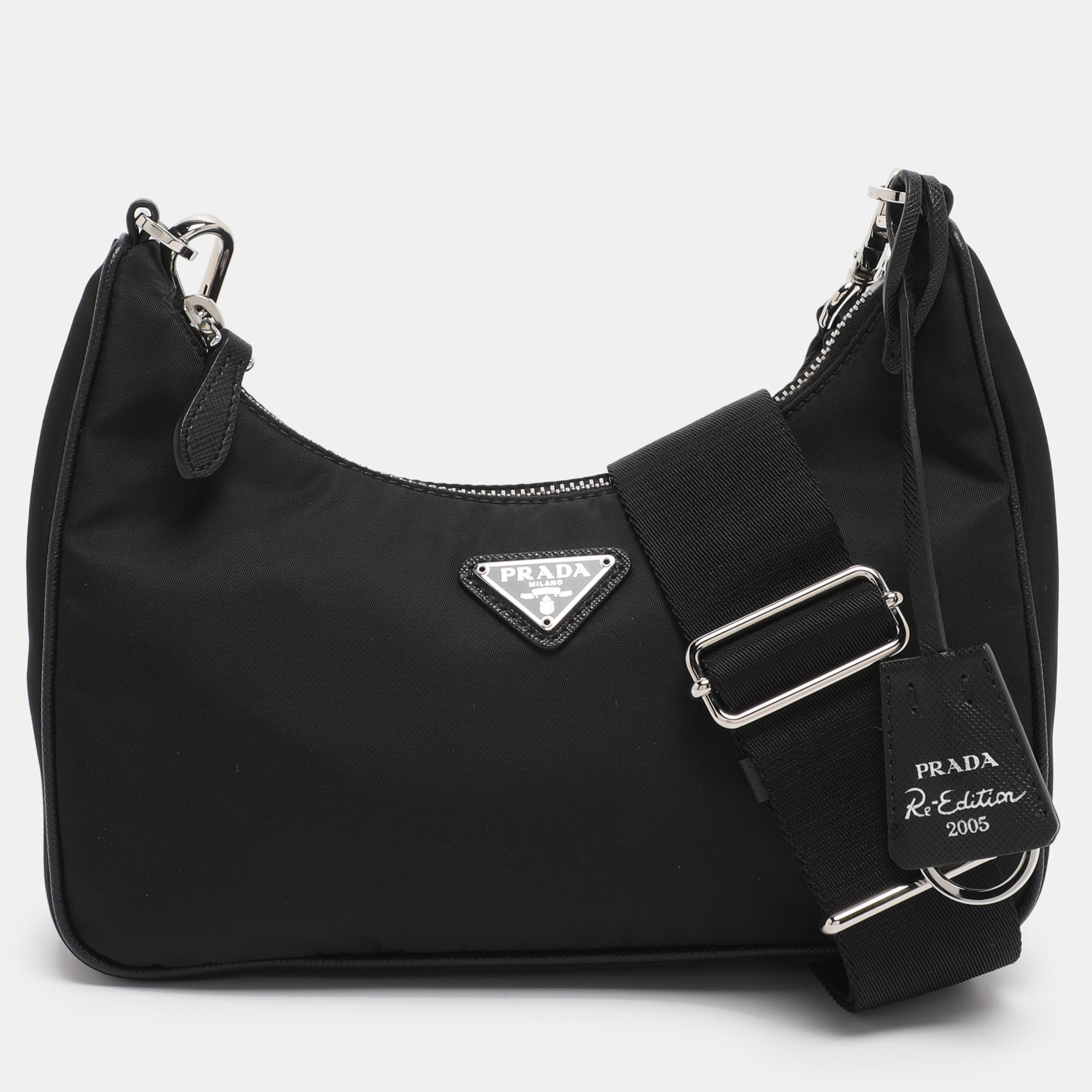 Pre-owned Prada Black Nylon And Saffiano Leather Re-edition 2005 Baguette Bag