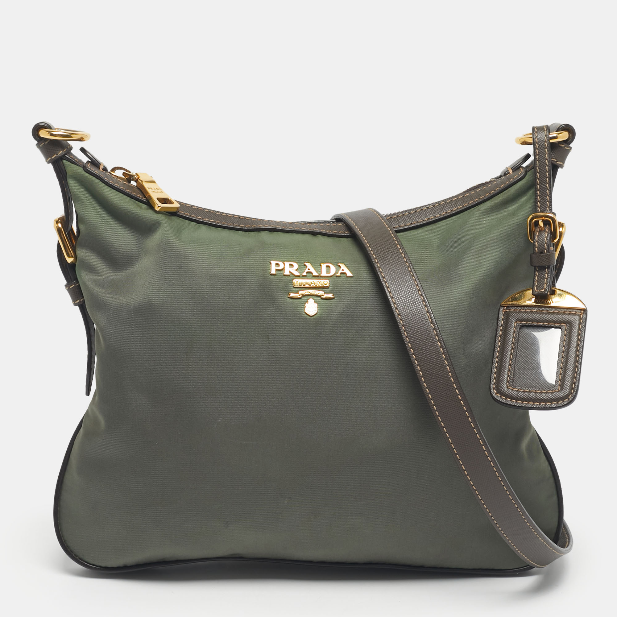 Pre-owned Prada Green/brown Leather And Nylon Logo Crossbody Bag