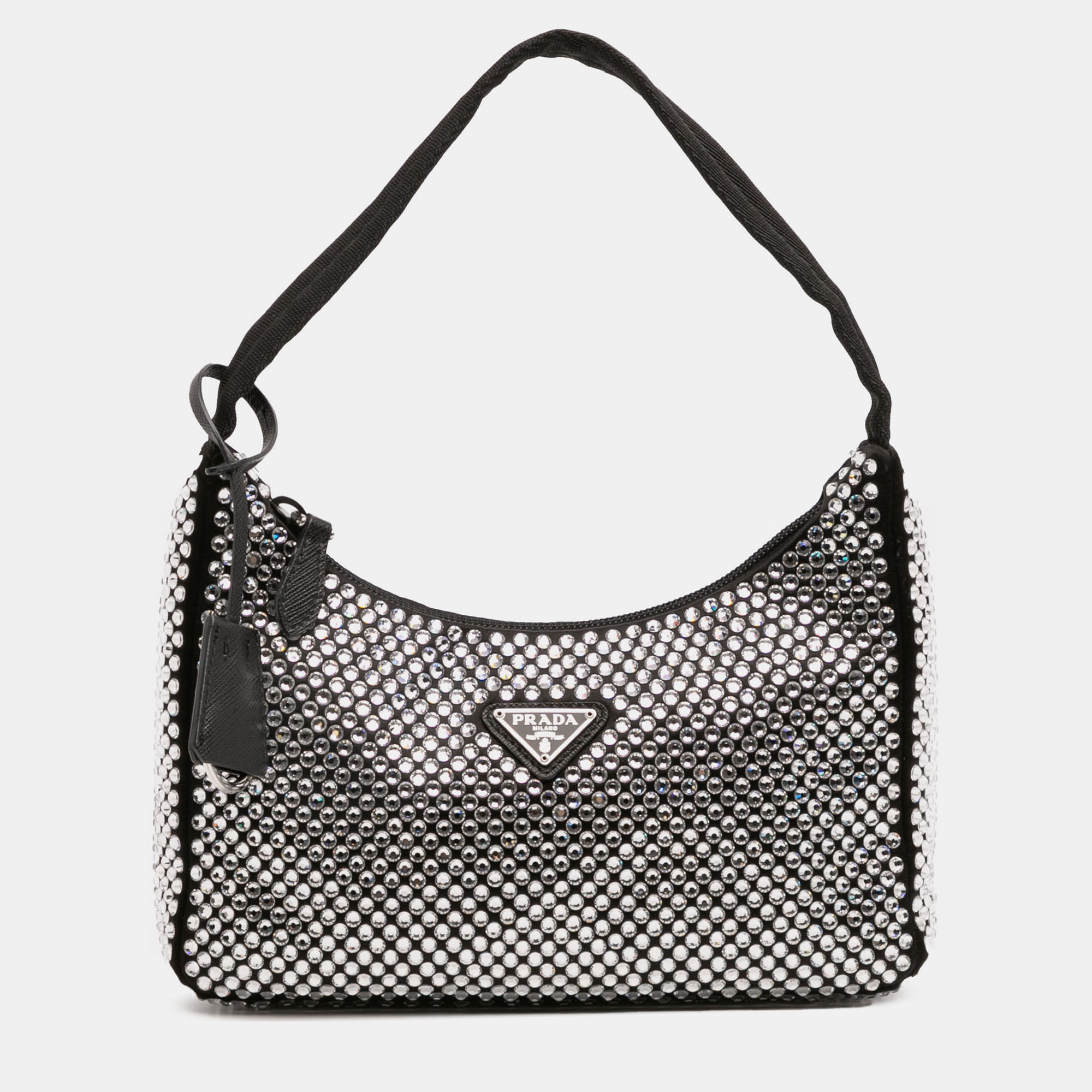 Pre-owned Prada Black Mini Satin Crystal Re Edition 2000 Shoulder Bag