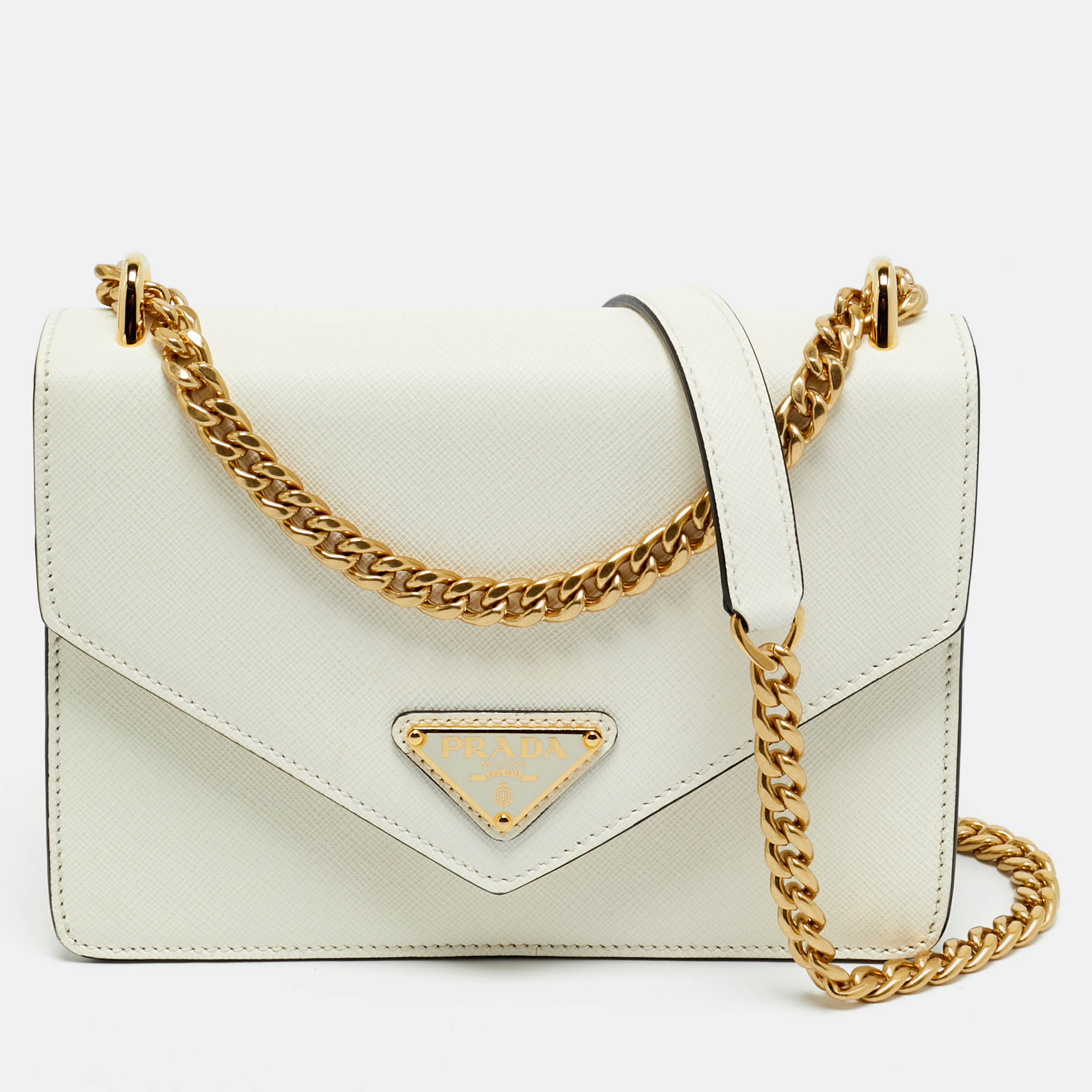 

Prada White Saffiano Lux Leather Triangle Logo Envelope Chain Bag