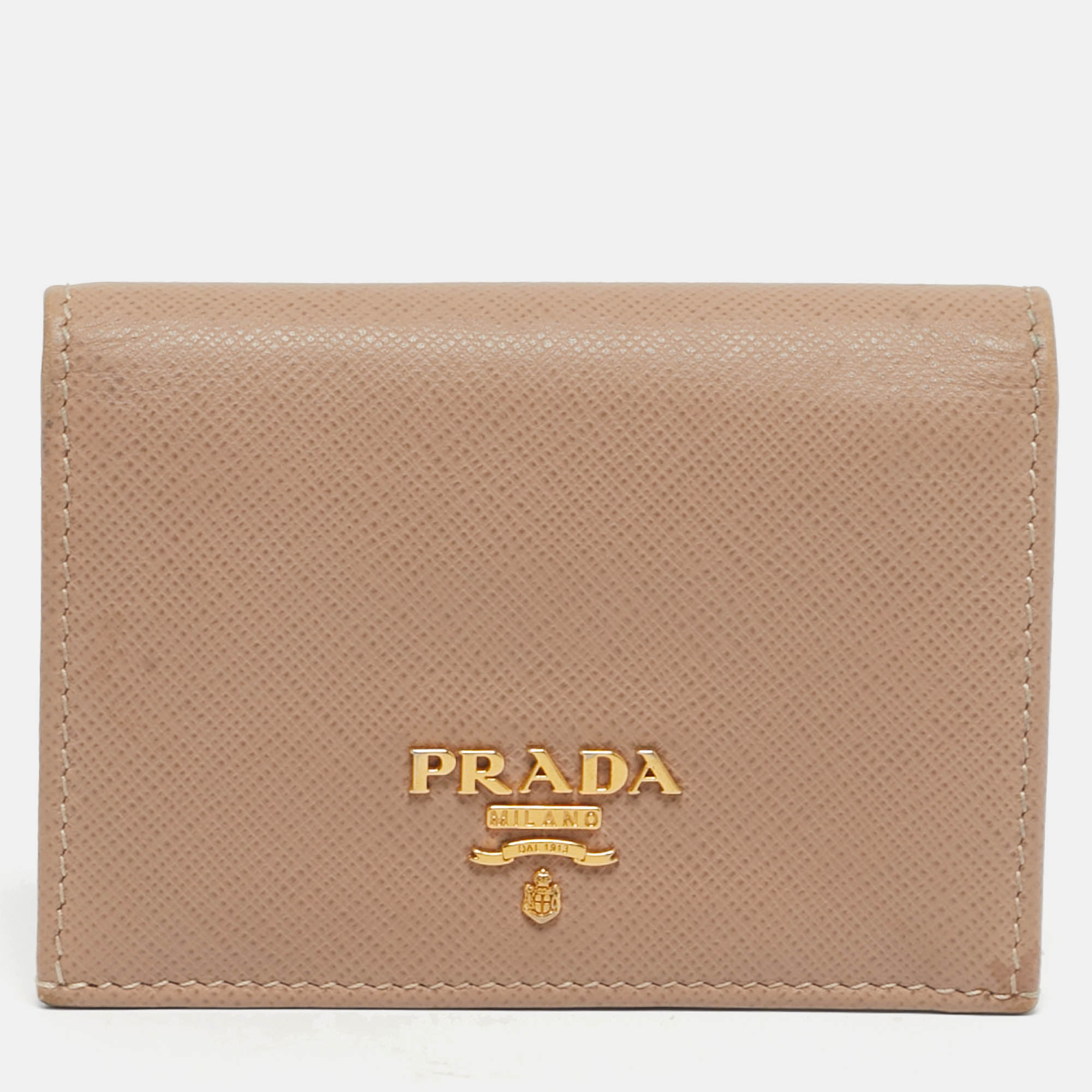 Pre-owned Prada Beige Saffiano Metal Leather Bifold Card Case In Sand