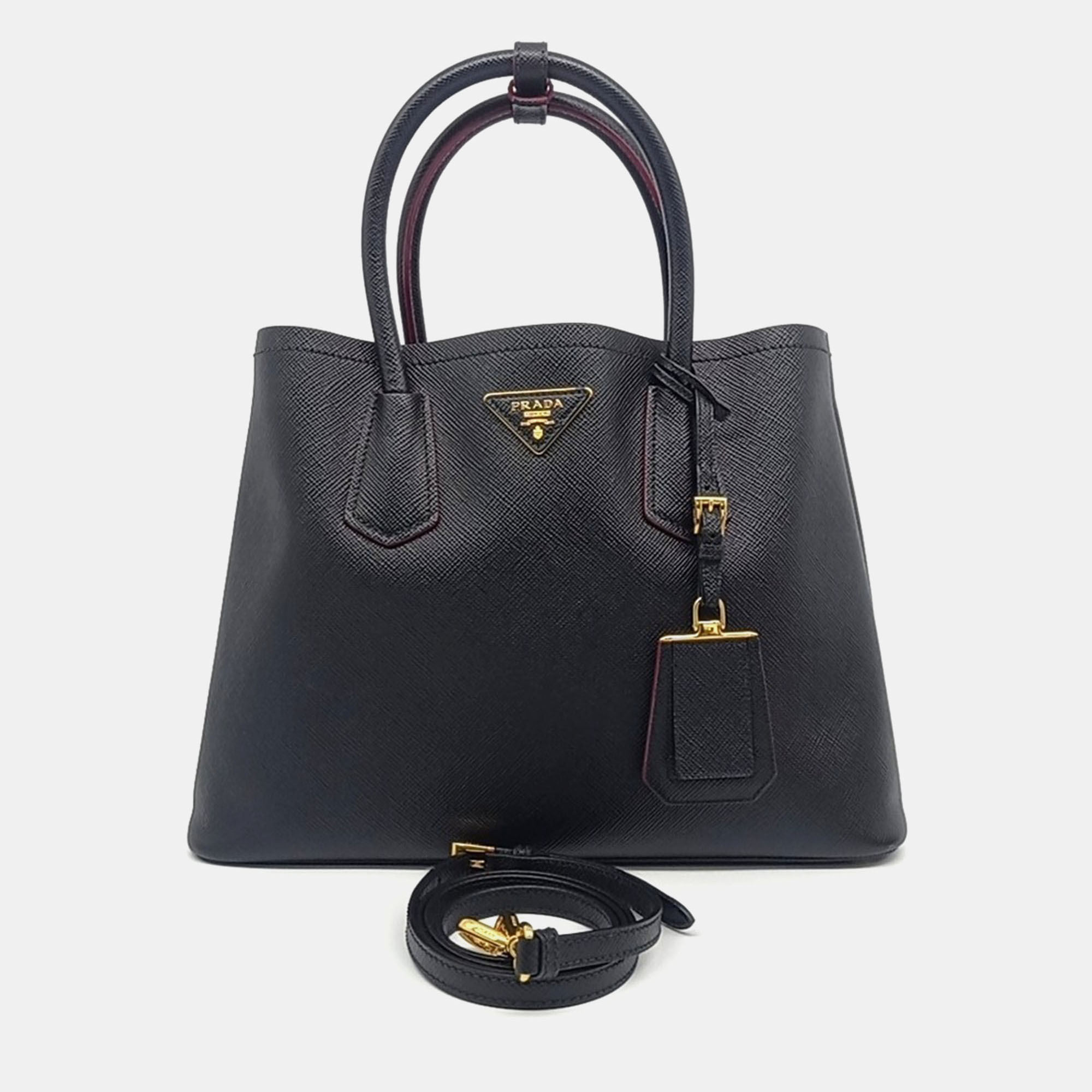 Pre-owned Prada Black Leather Saffiano Double Tote And Shoulder Bag