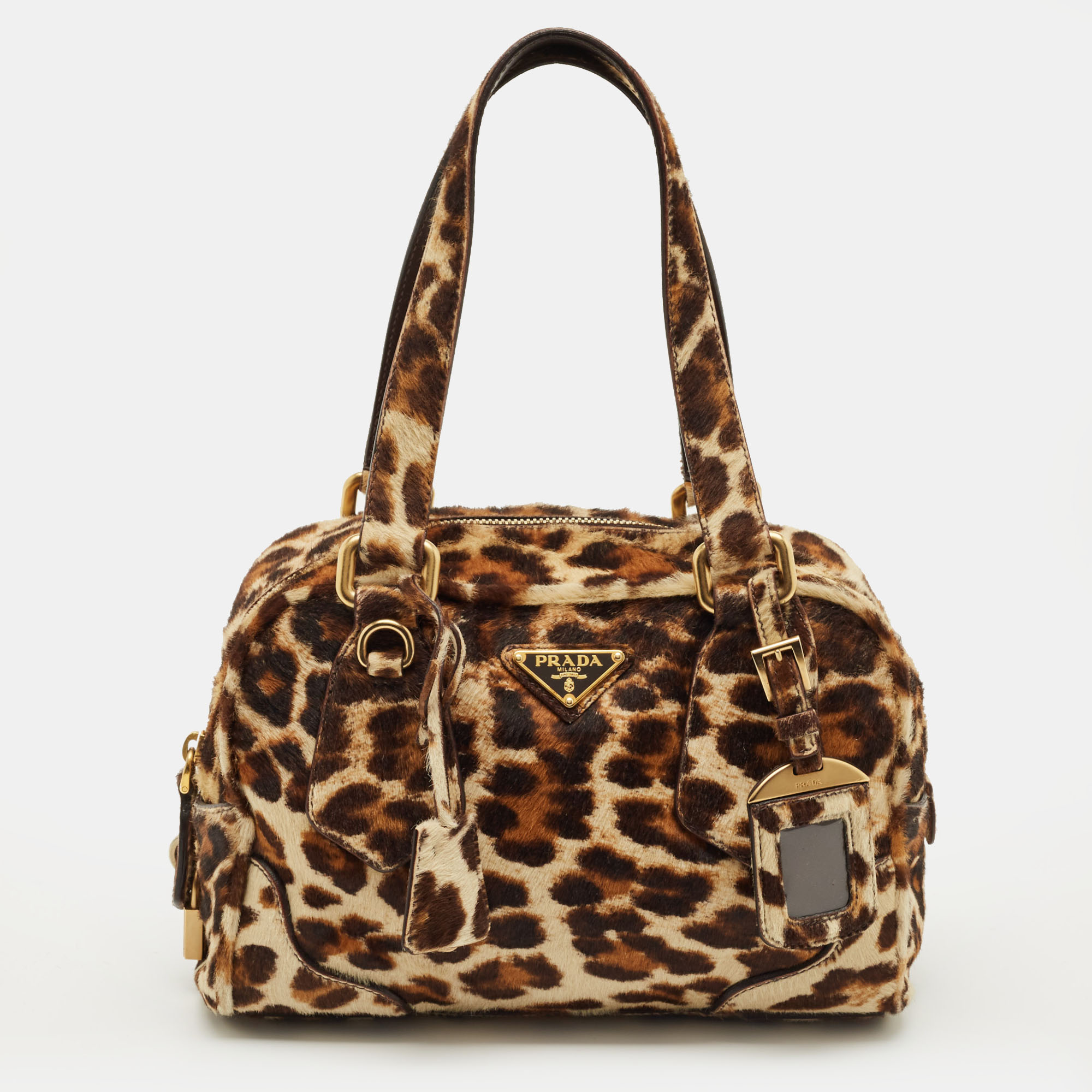 Pre-owned Prada Brown Leopard Print Calfhair Boston Bag