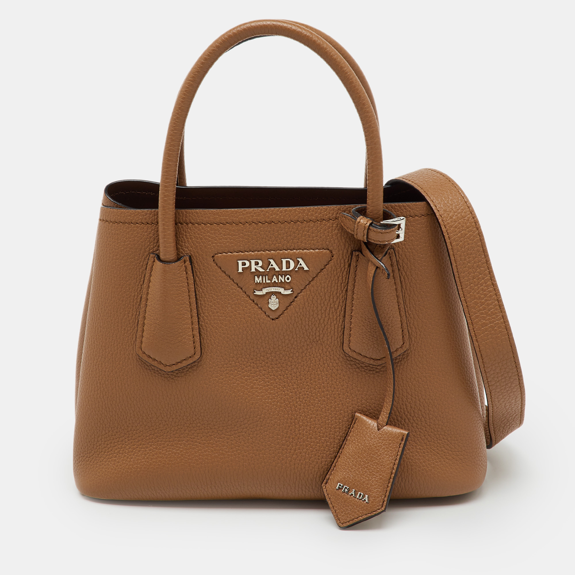 Pre-owned Prada Brown Leather Mini Double Tote