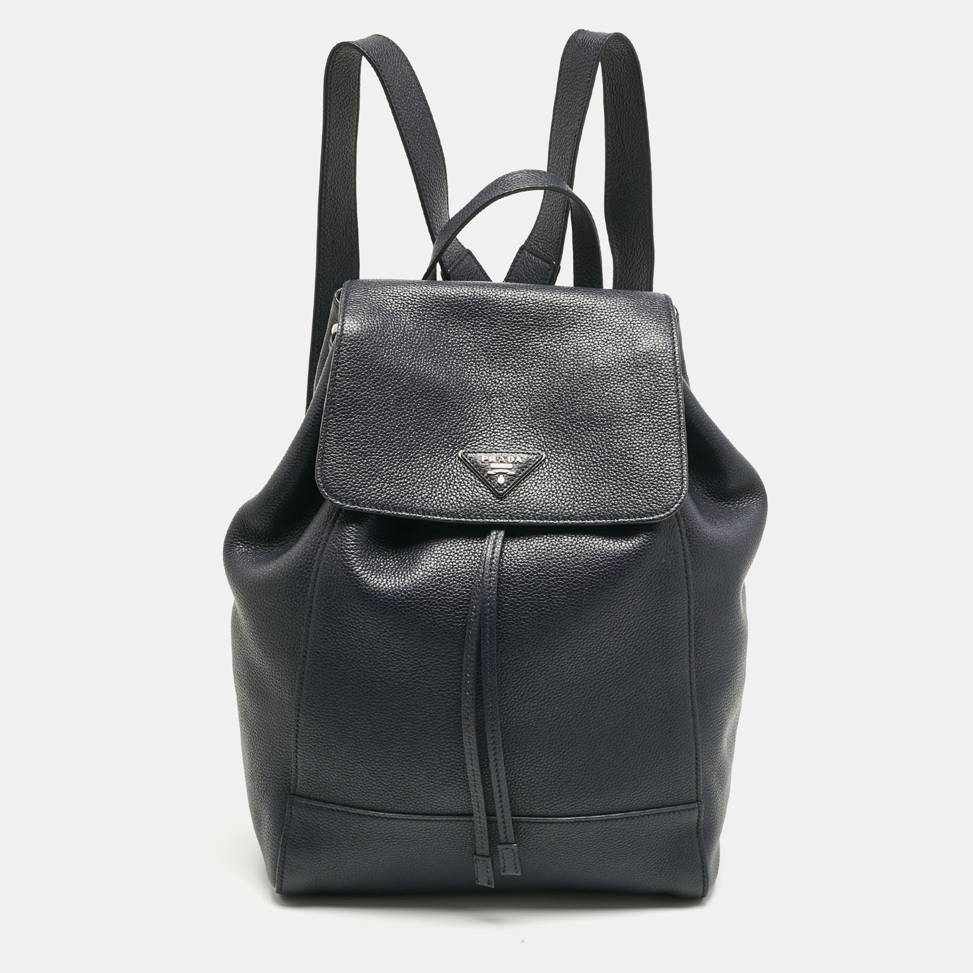 

Prada Navy Blue Leather Drawstring Flap Backpack