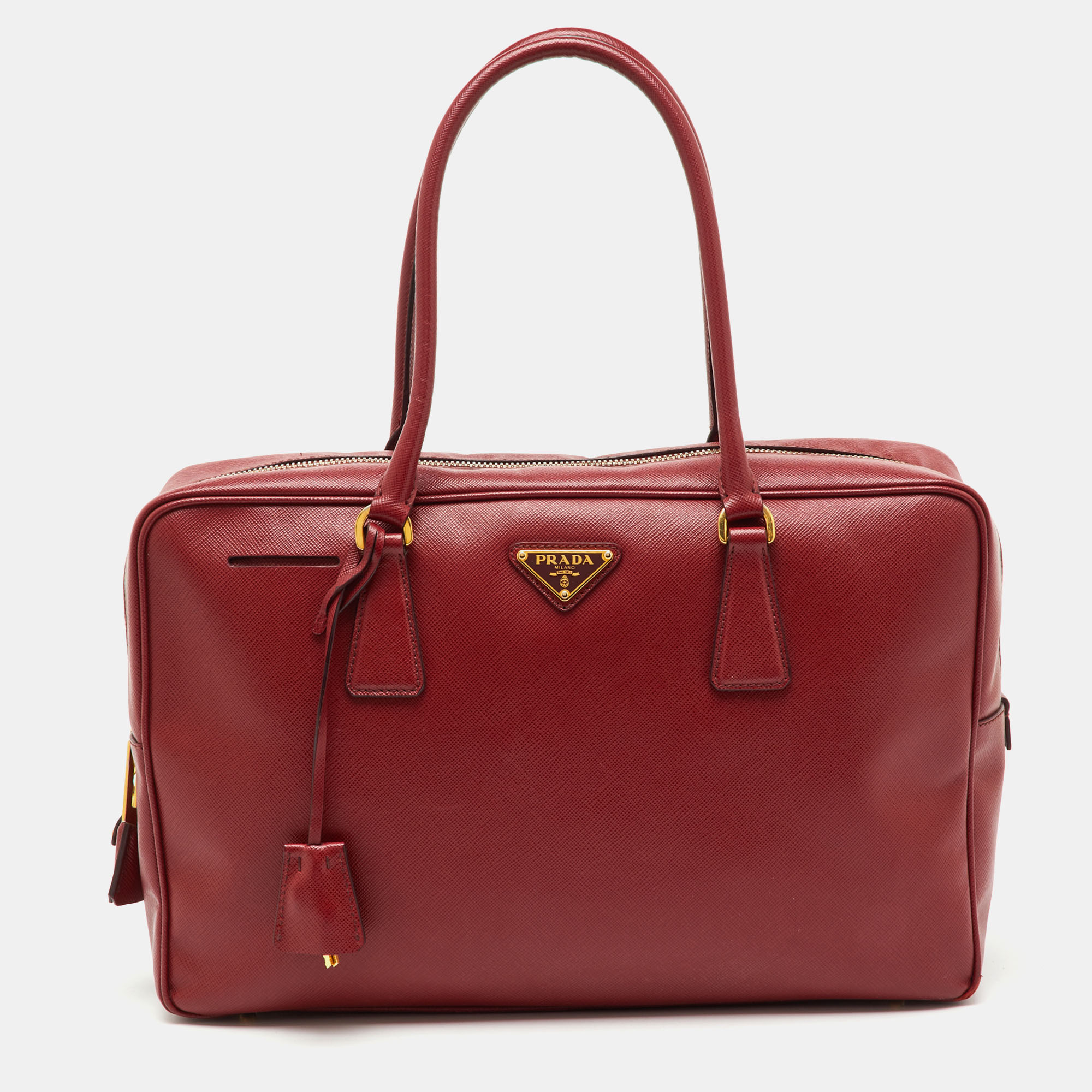 Pre-owned Prada Red Saffiano Lux Leather Top Zip Bauletto Bag