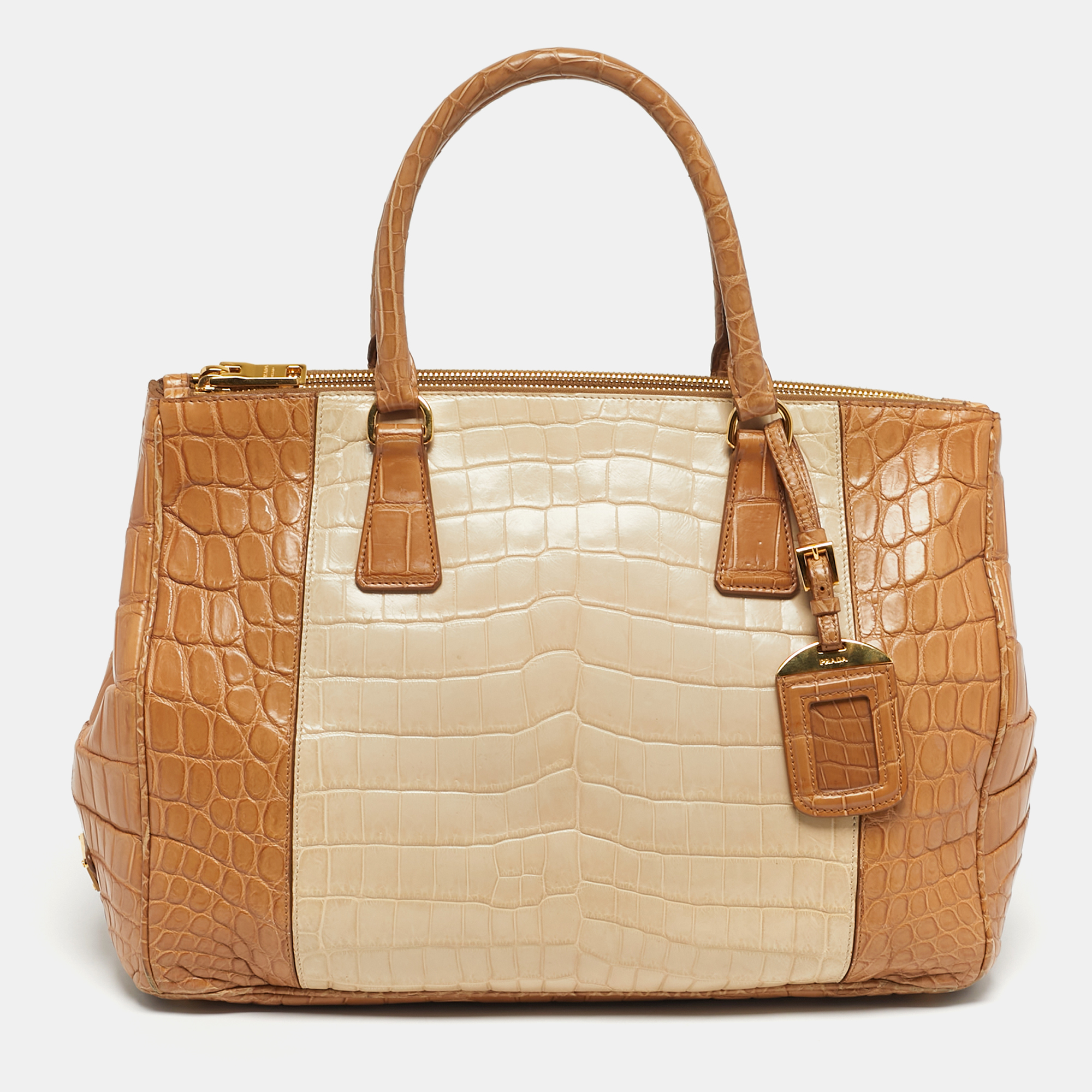 Pre-owned Prada Brown/light Beige Crocodile Medium Double Zip Tote