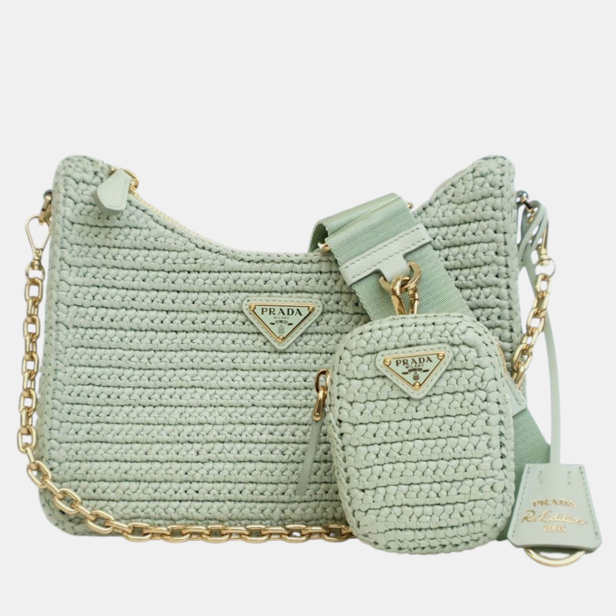 

Prada Green Yarn Effect Raffia Crochet Re Edition 2005 Satchel