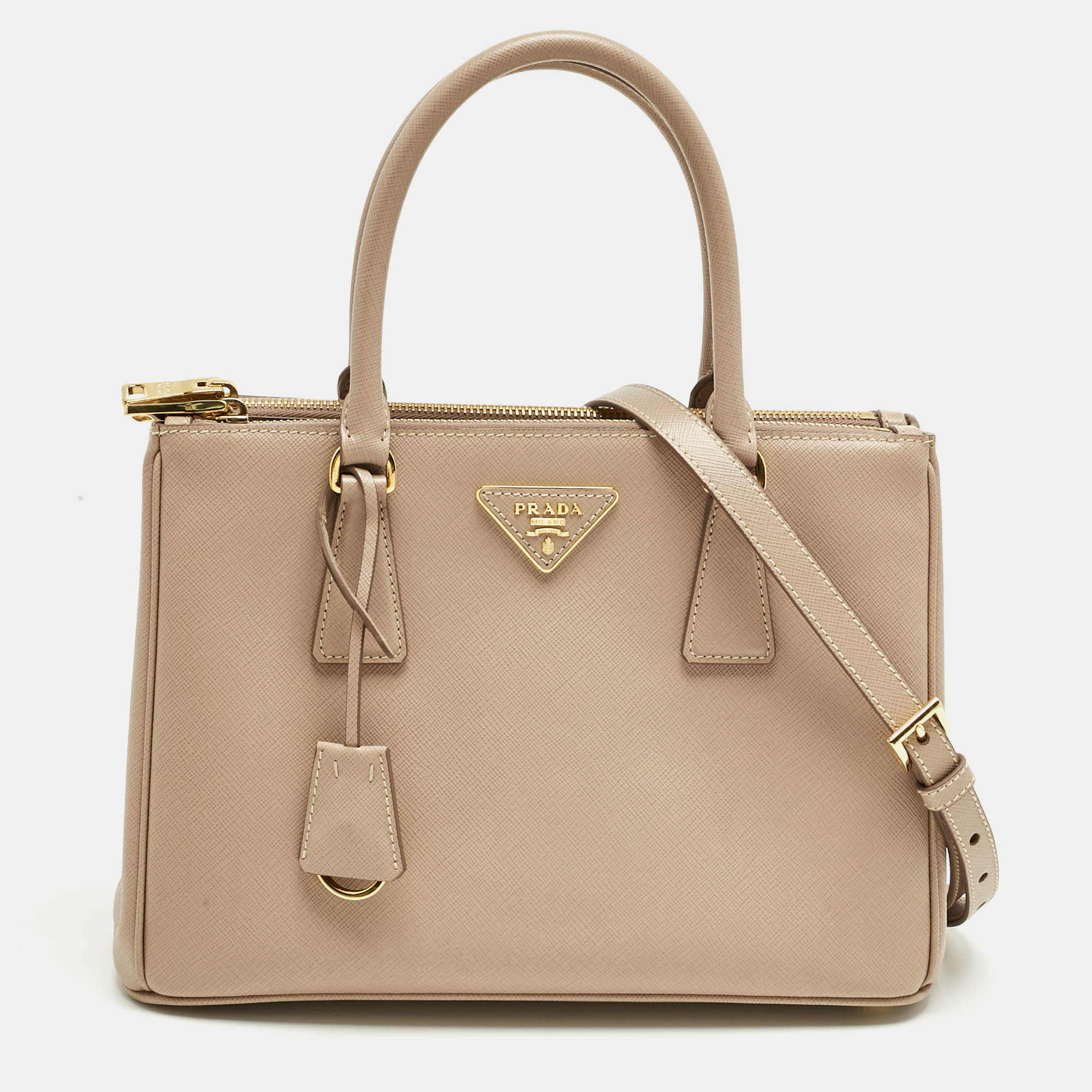 

Prada Beige Saffiano Lux Leather  Double Zip Tote, Pink