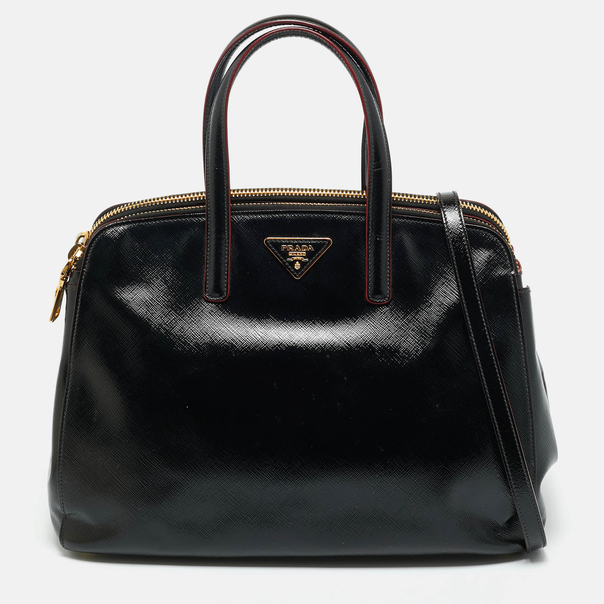 

Prada Black Saffiano Vernic Leather Double Zip Satchel