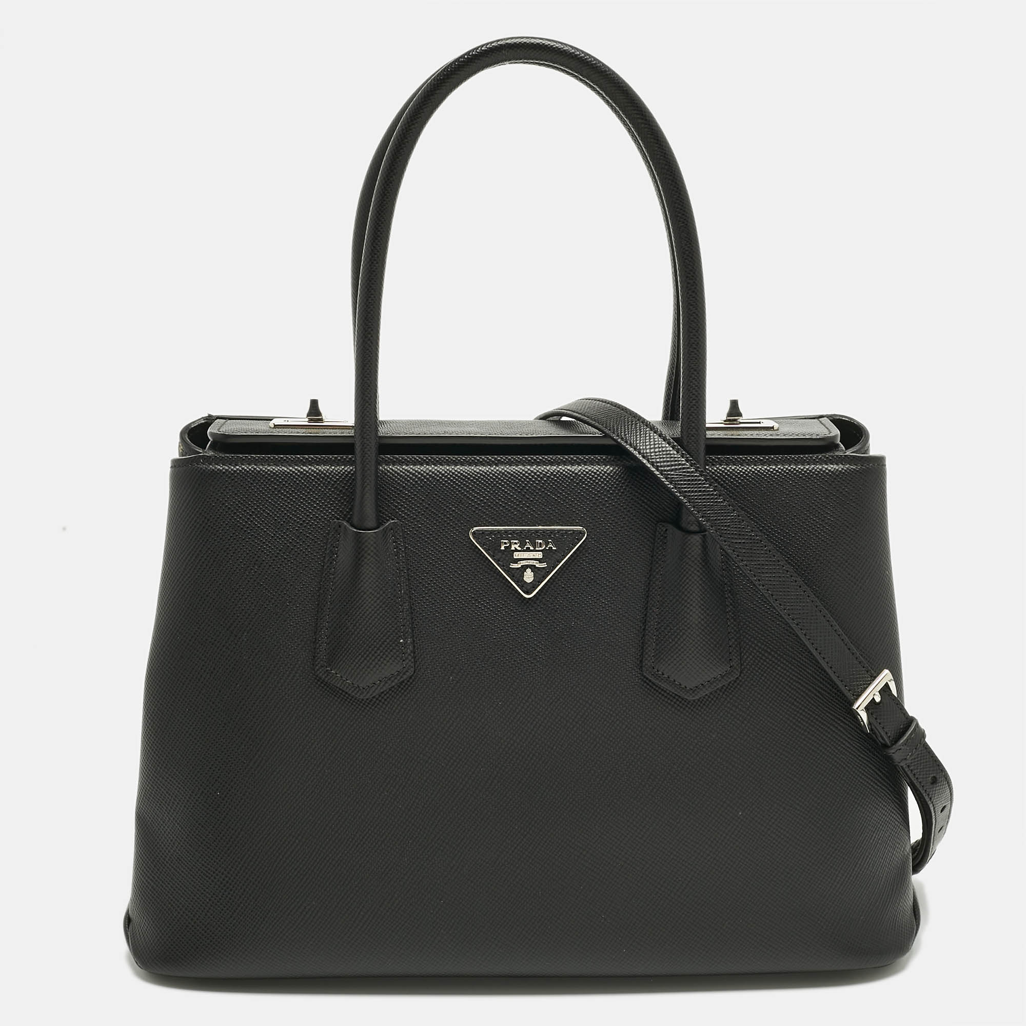 

Prada Black Saffiano Cuir Leather Twin Lock Tote