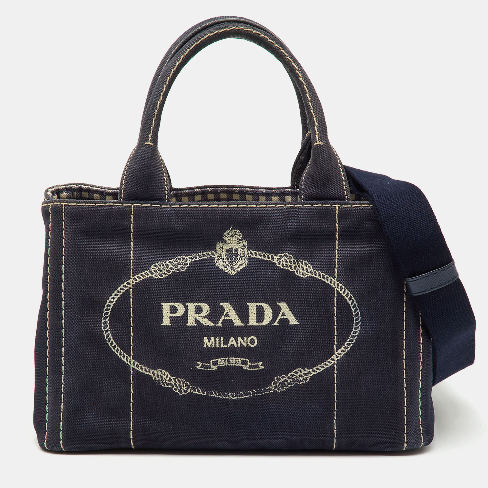

Prada Navy Blue Canvas Small Canapa Logo Tote