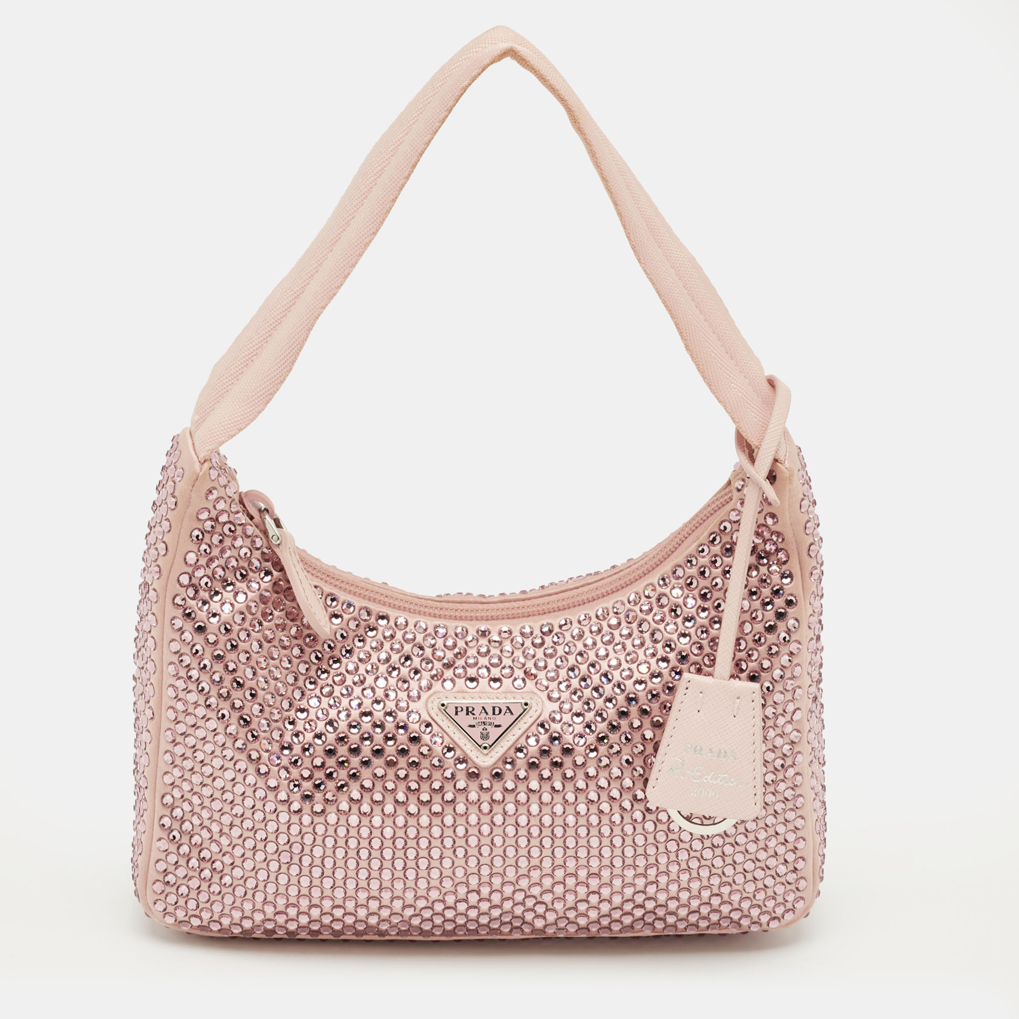 

Prada Light Pink Satin Re-Edition 2000 Crystals Shoulder Bag