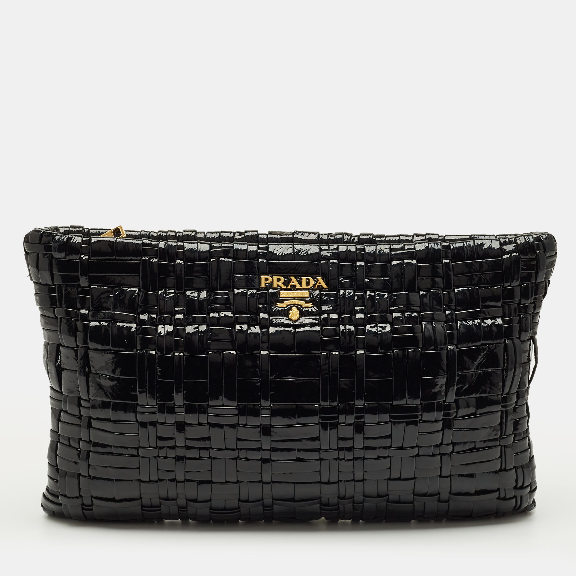 

Prada Black Patent Leather Woven Slim Clutch