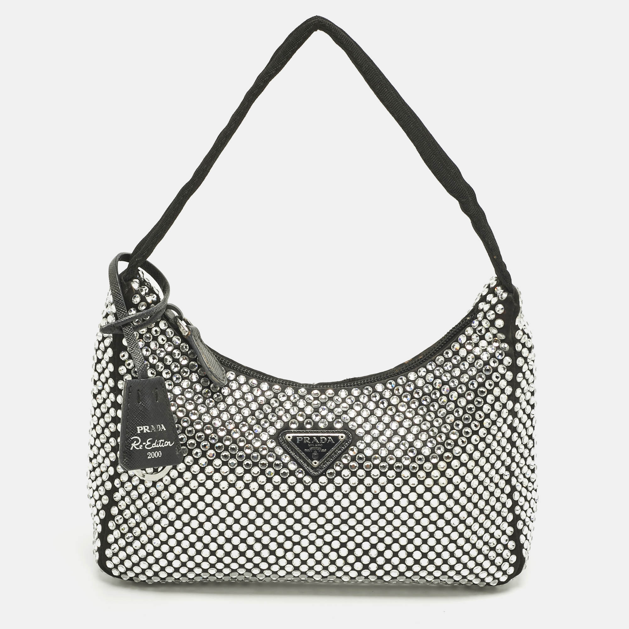 Pre-owned Prada Black Satin Re-edition 2000 Crystals Shoulder Bag
