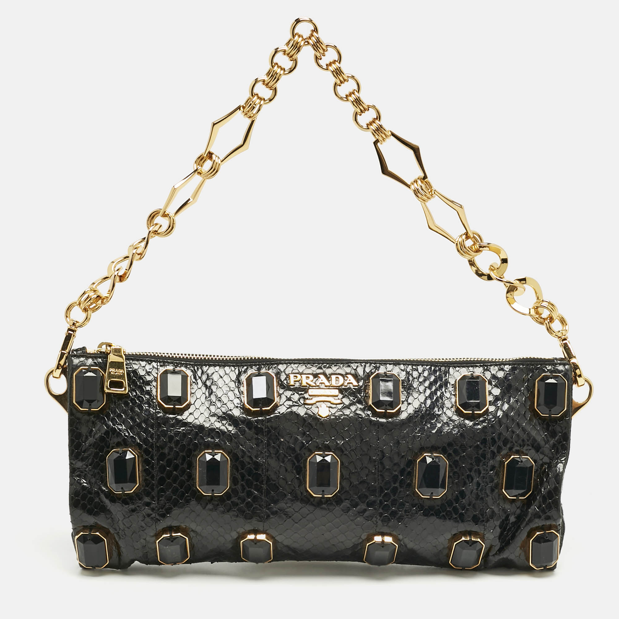 

Prada Black Snakeskin Pietre Crystals Embellished Chain Clutch