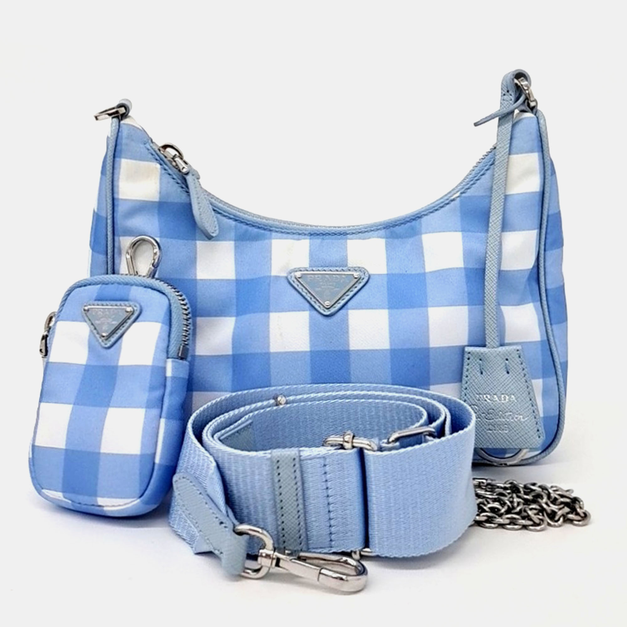 

Prada Blue Leather Re-Nylon Tessuto Chain Strap Hobo Bag
