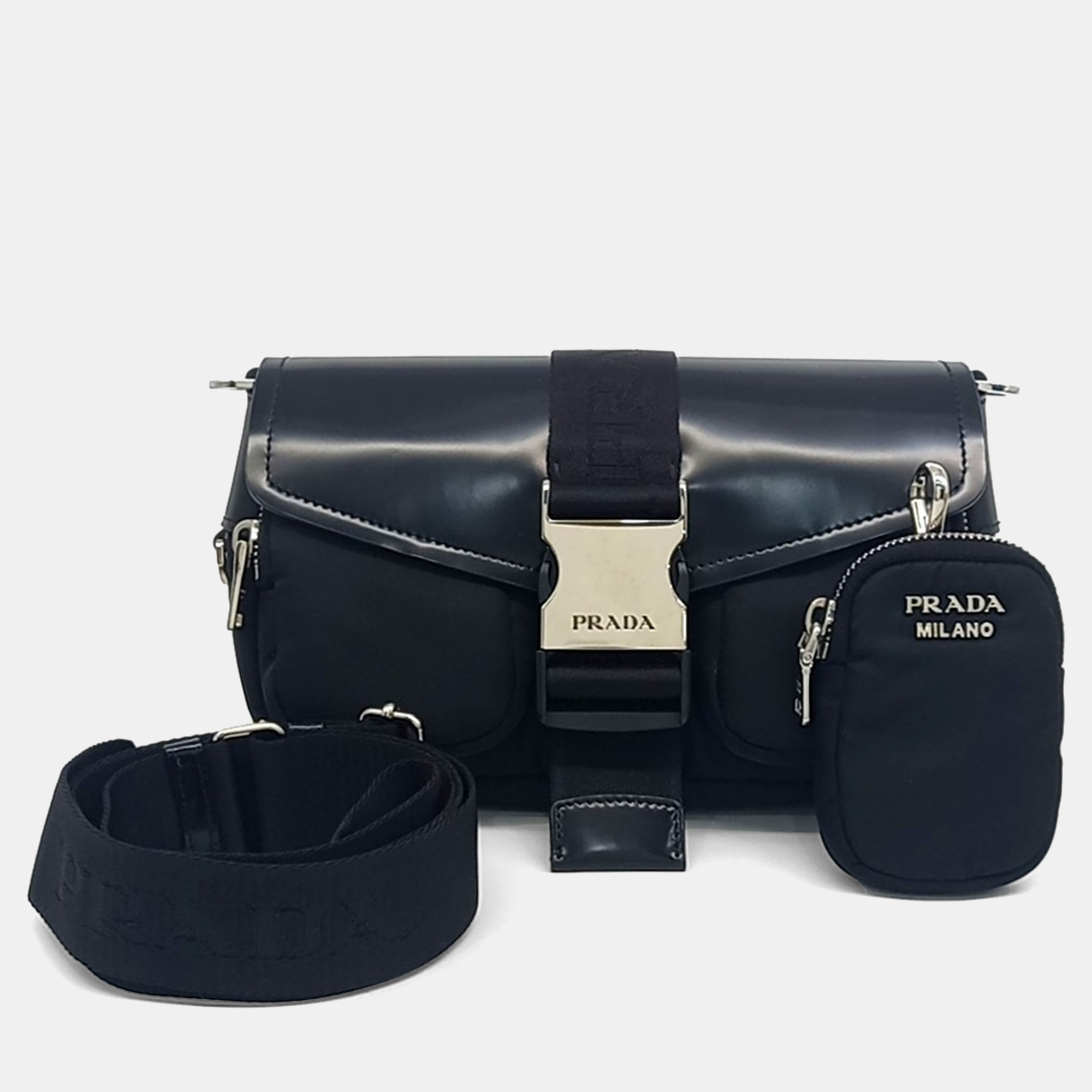 

Prada Pocket Re-Nylon Brushed Black Leather Shoulder Bag