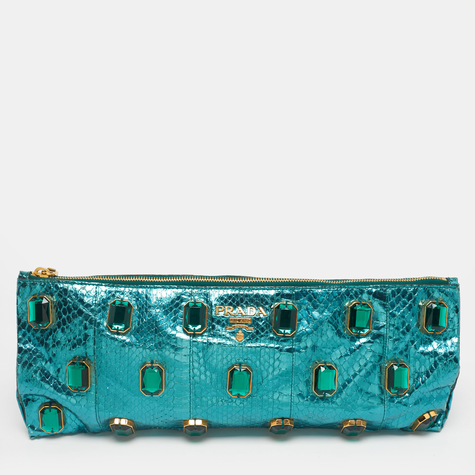 Pre-owned Prada Metallic Teal Snakeskin Whips Pietre Clutch In Green