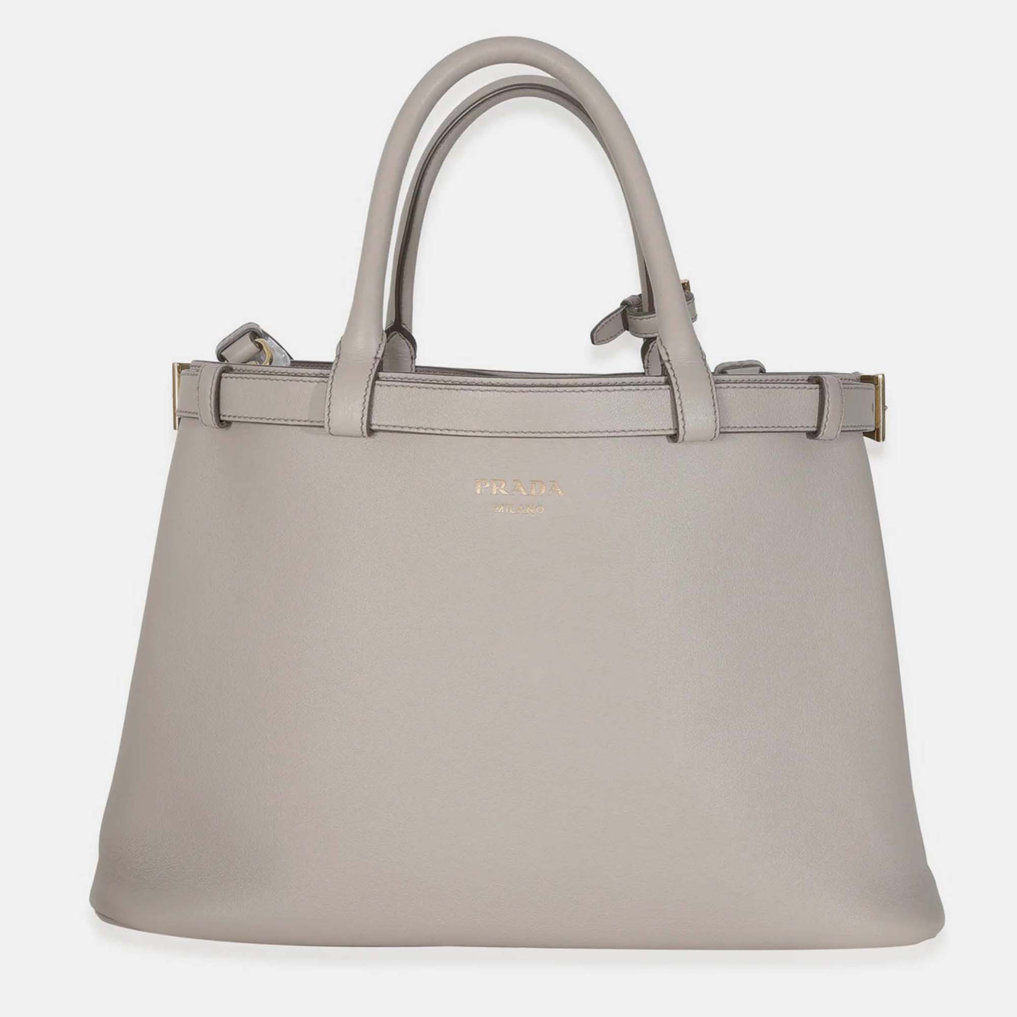 

Prada Grey Soft Grained Calfskin Vitello Medium Buckle Bag, Beige