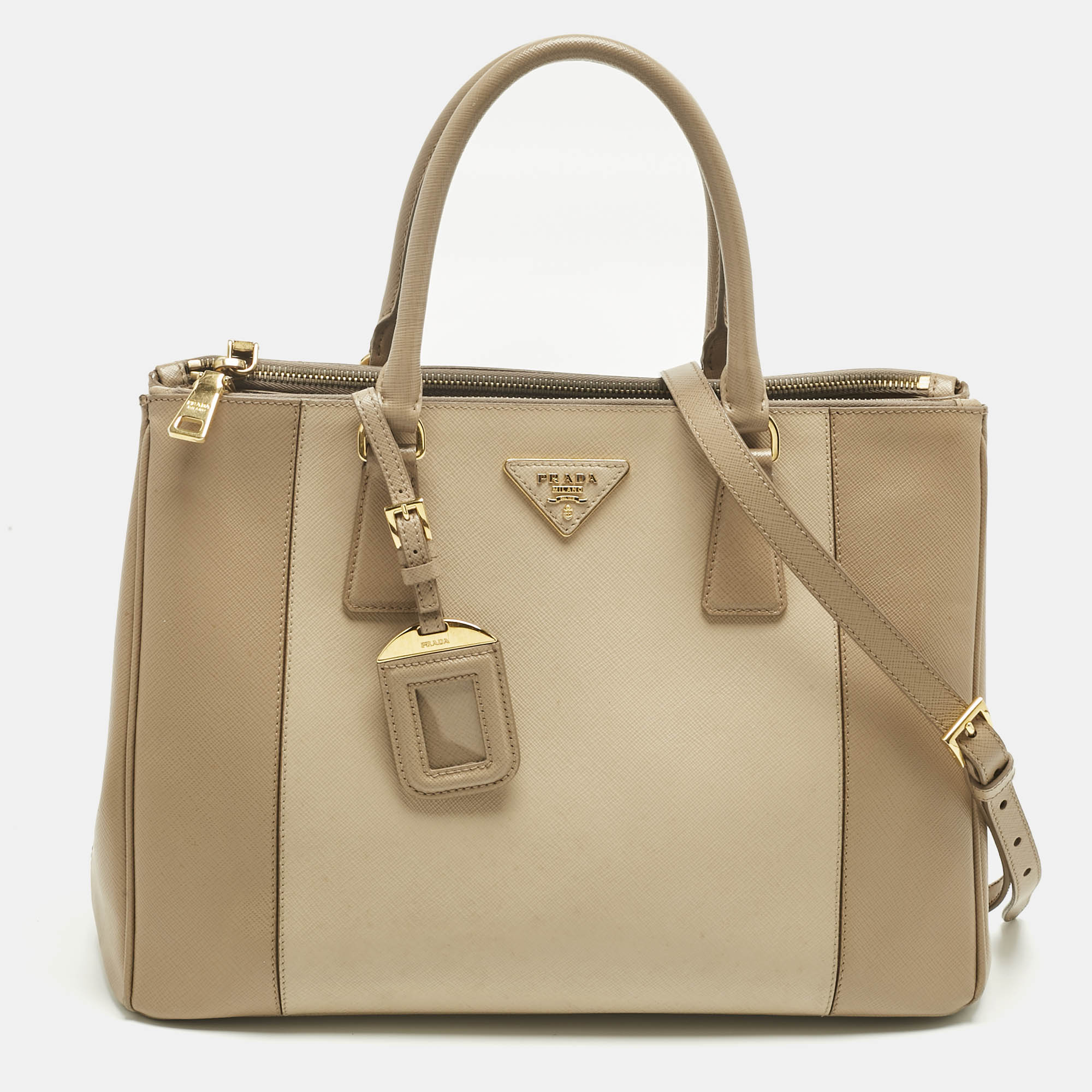 

Prada Two Tone Beige Saffino Leather Medium Double Zip Tote