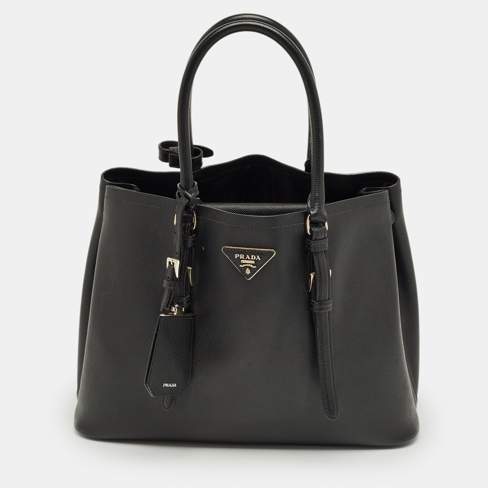 Pre-owned Prada Black Saffiano Cuir Leather Medium Double Handle Tote