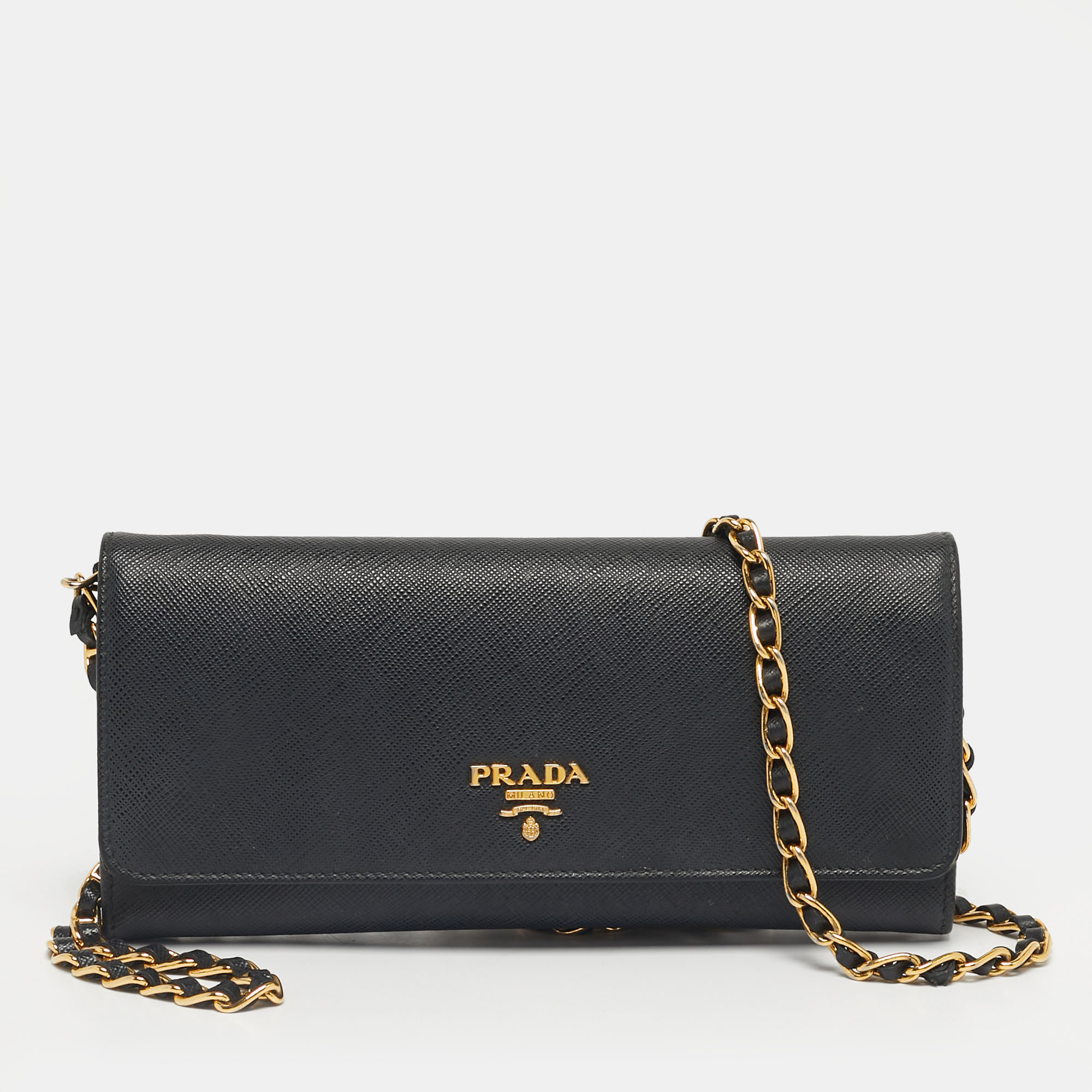 Pre-owned Prada Black Saffiano Metal Leather Logo Wallet On Chain