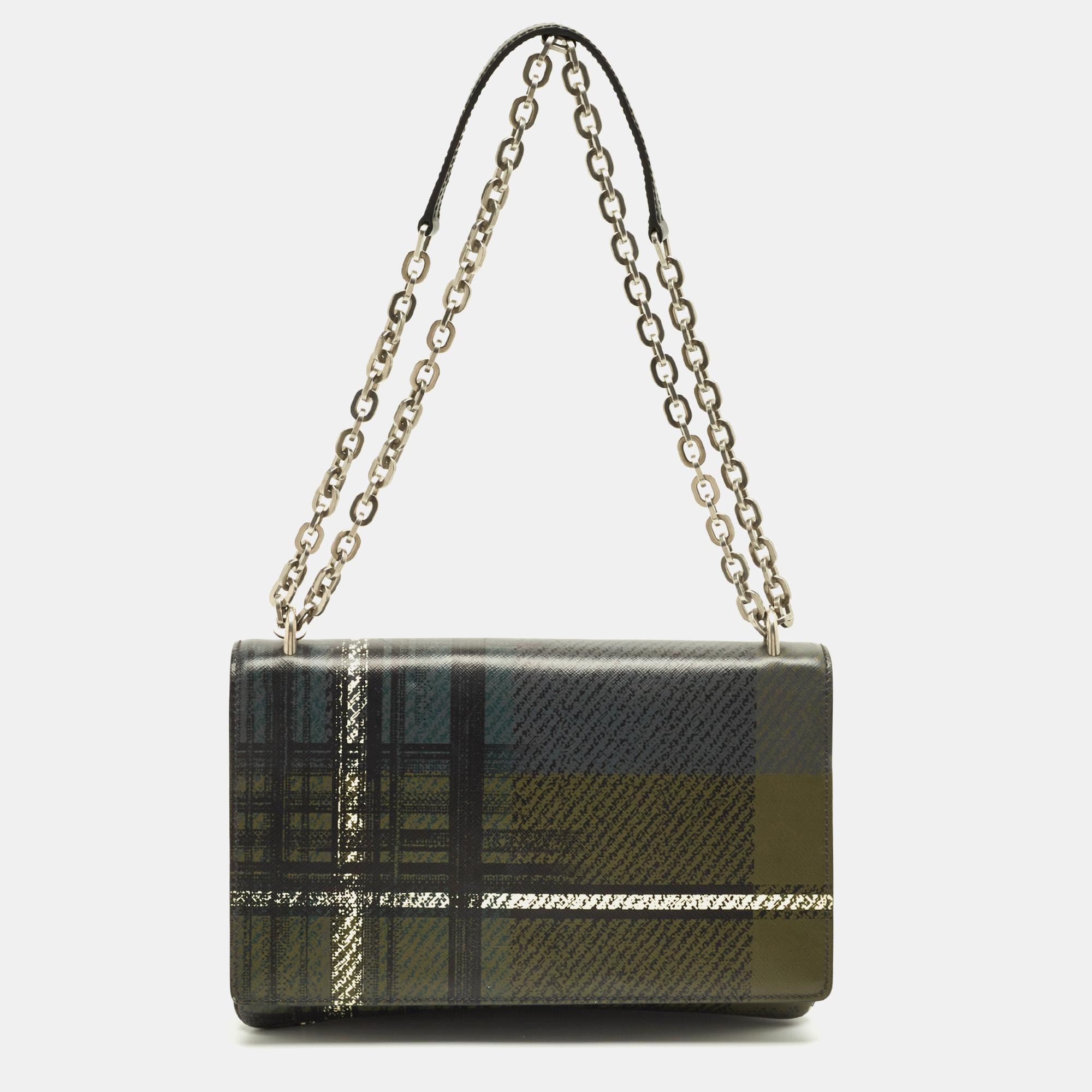 

Prada Green Tartan Saffiano Print Leather Chain Flap Shoulder Bag